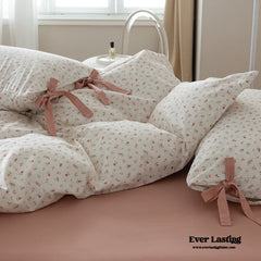 Cottage Ribbon Bow Tie Floral Bedding Set - Rust Pink