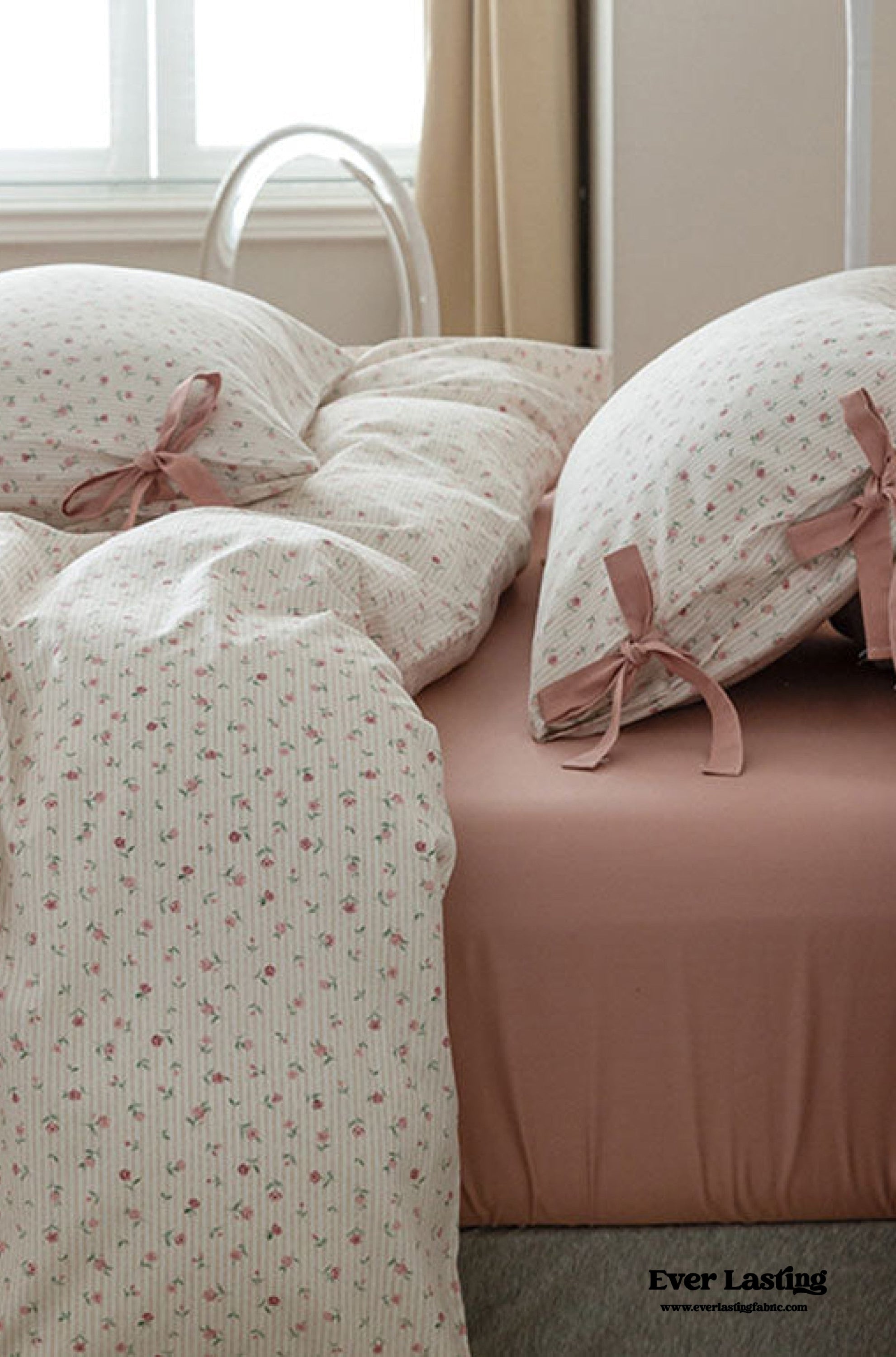 Cottage Ribbon Bow Tie Floral Bedding Set - Rust Pink