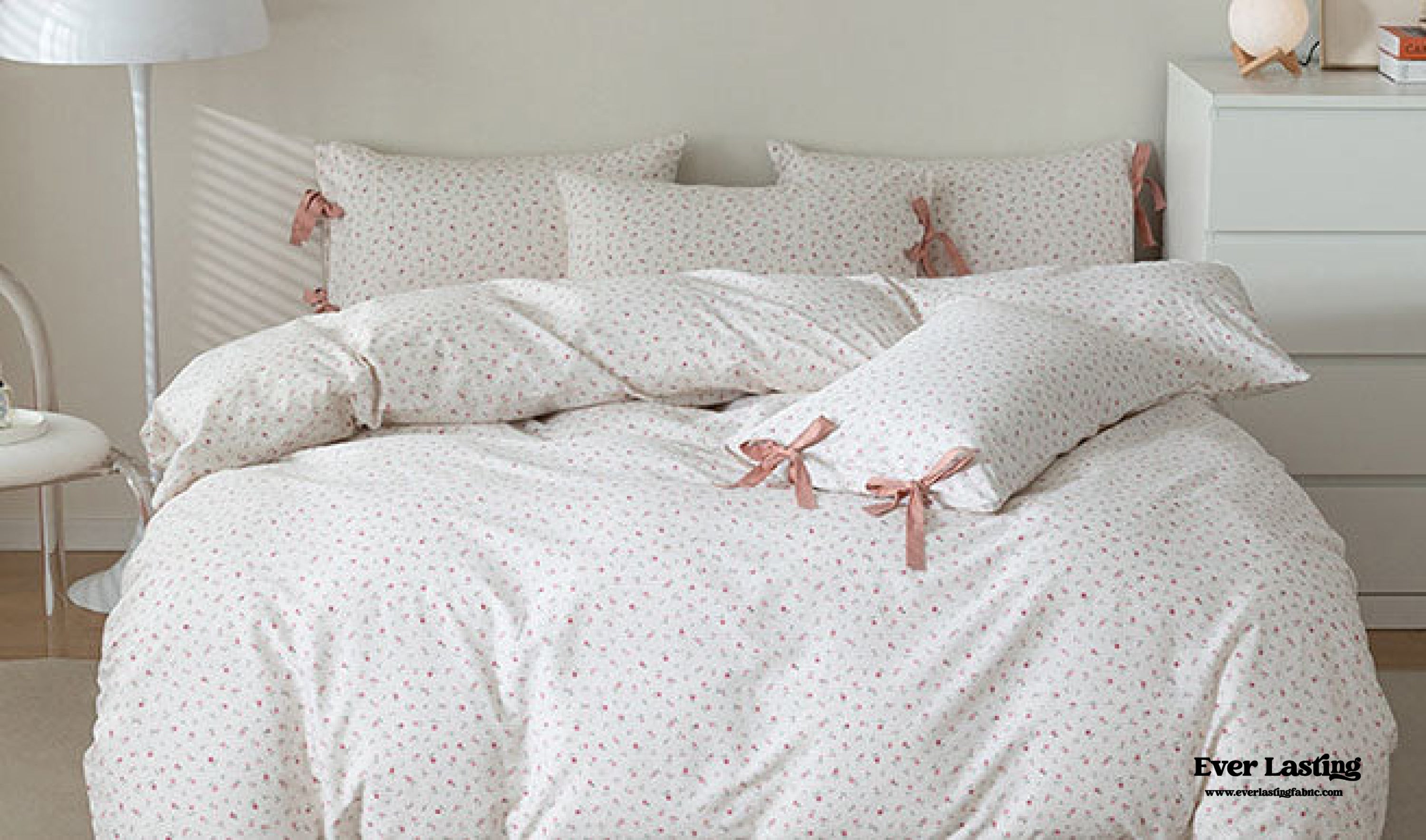 Cottage Ribbon Bow Tie Floral Bedding Set - Rust Pink
