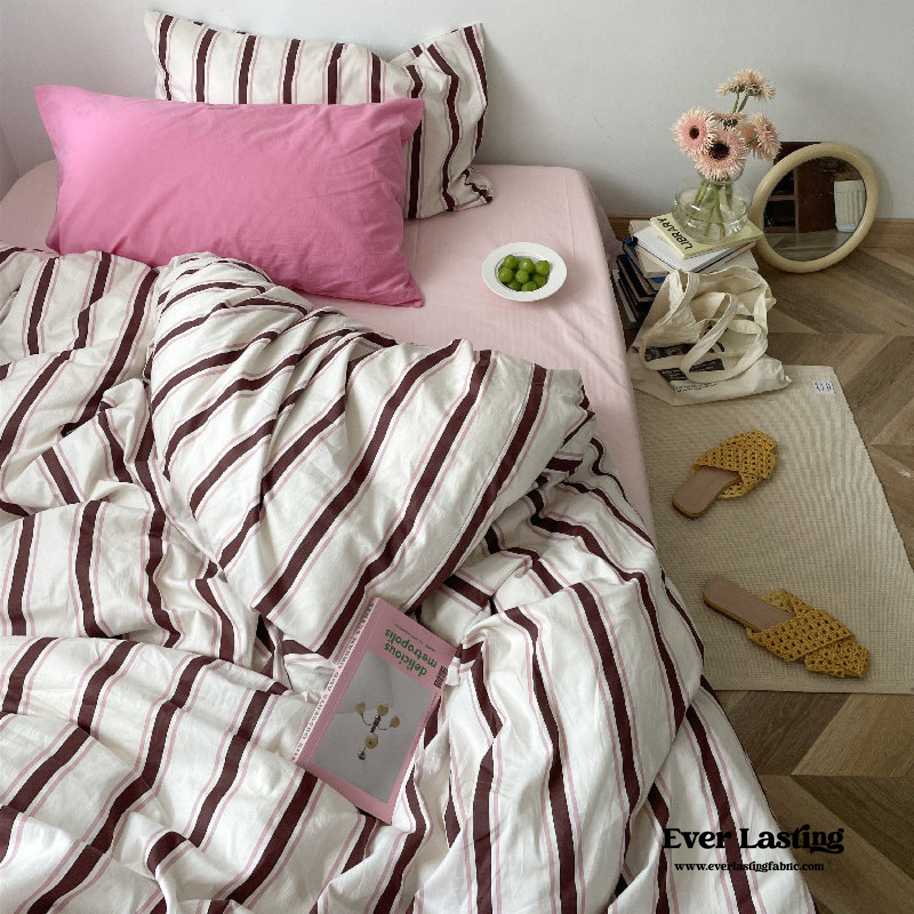 Cozy Washed Cotton Striped Bedding Set - Pink