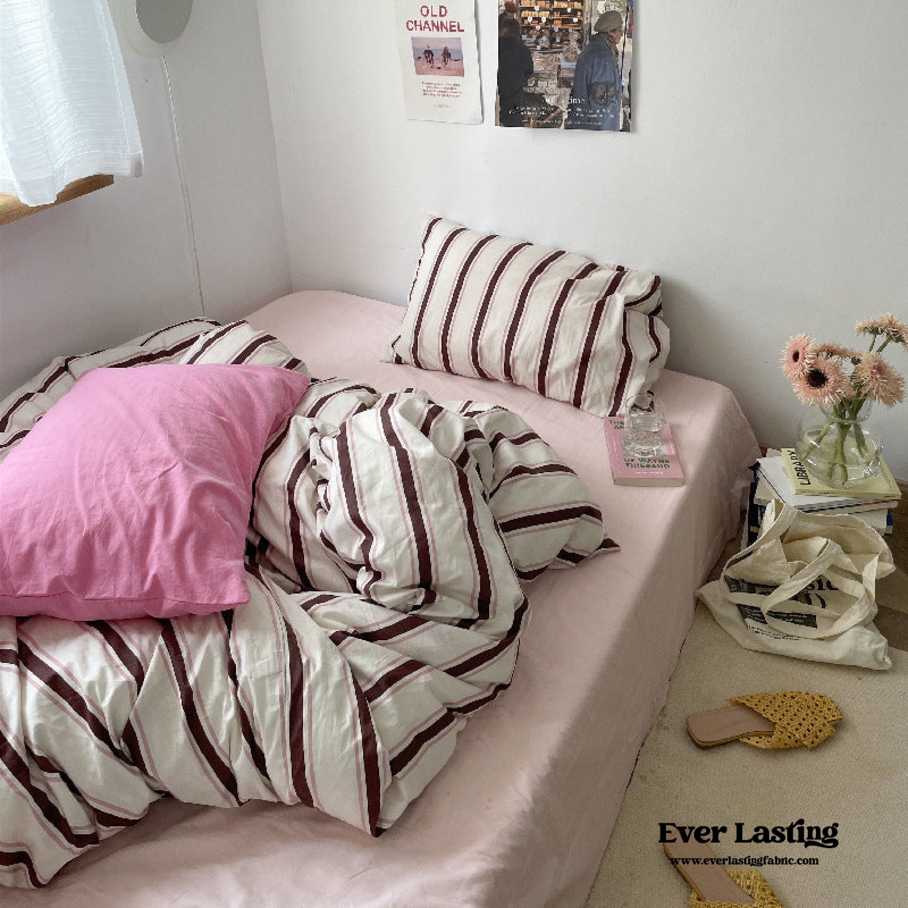 Cozy Washed Cotton Striped Bedding Set - Pink