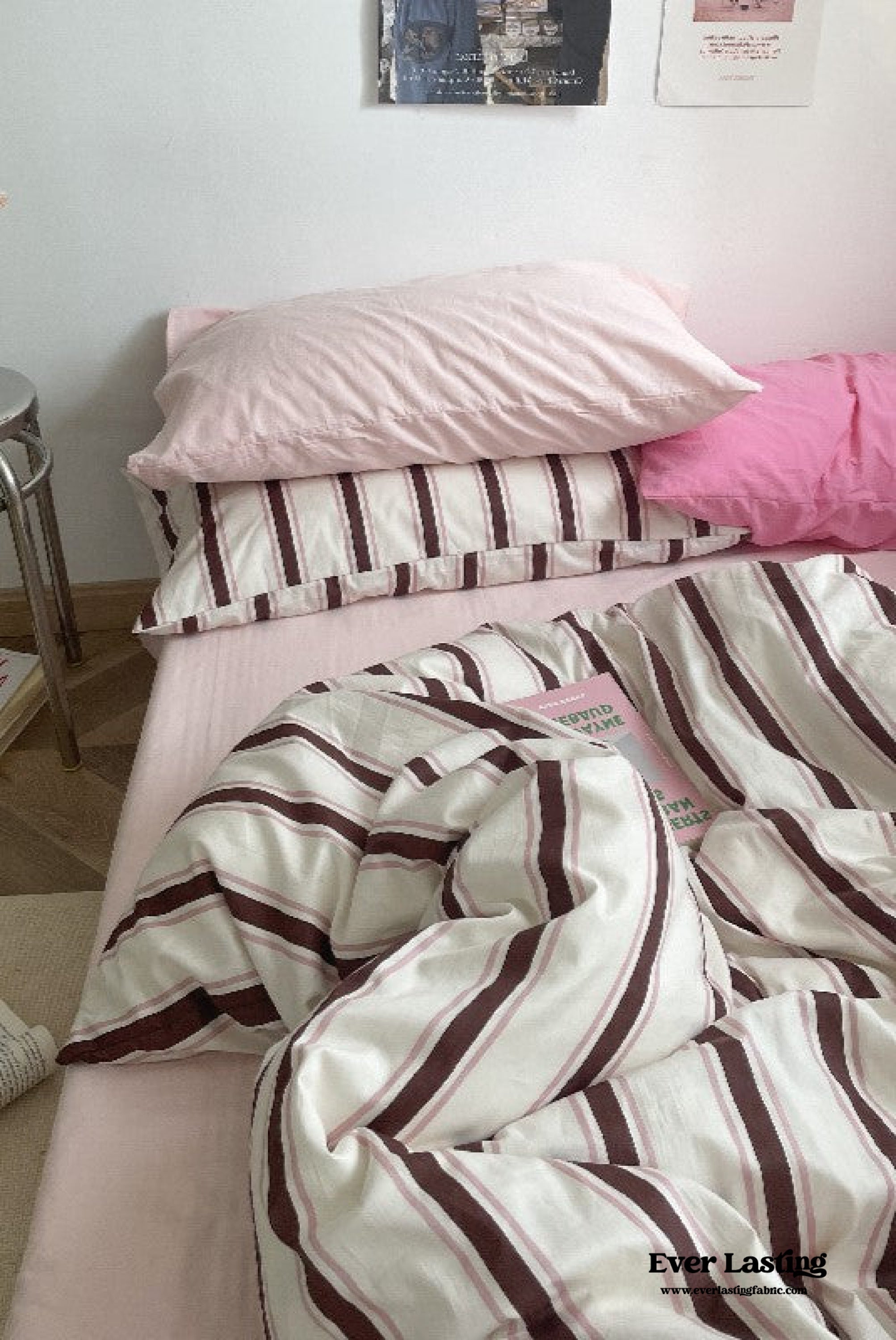 Cozy Washed Cotton Striped Bedding Set - Pink
