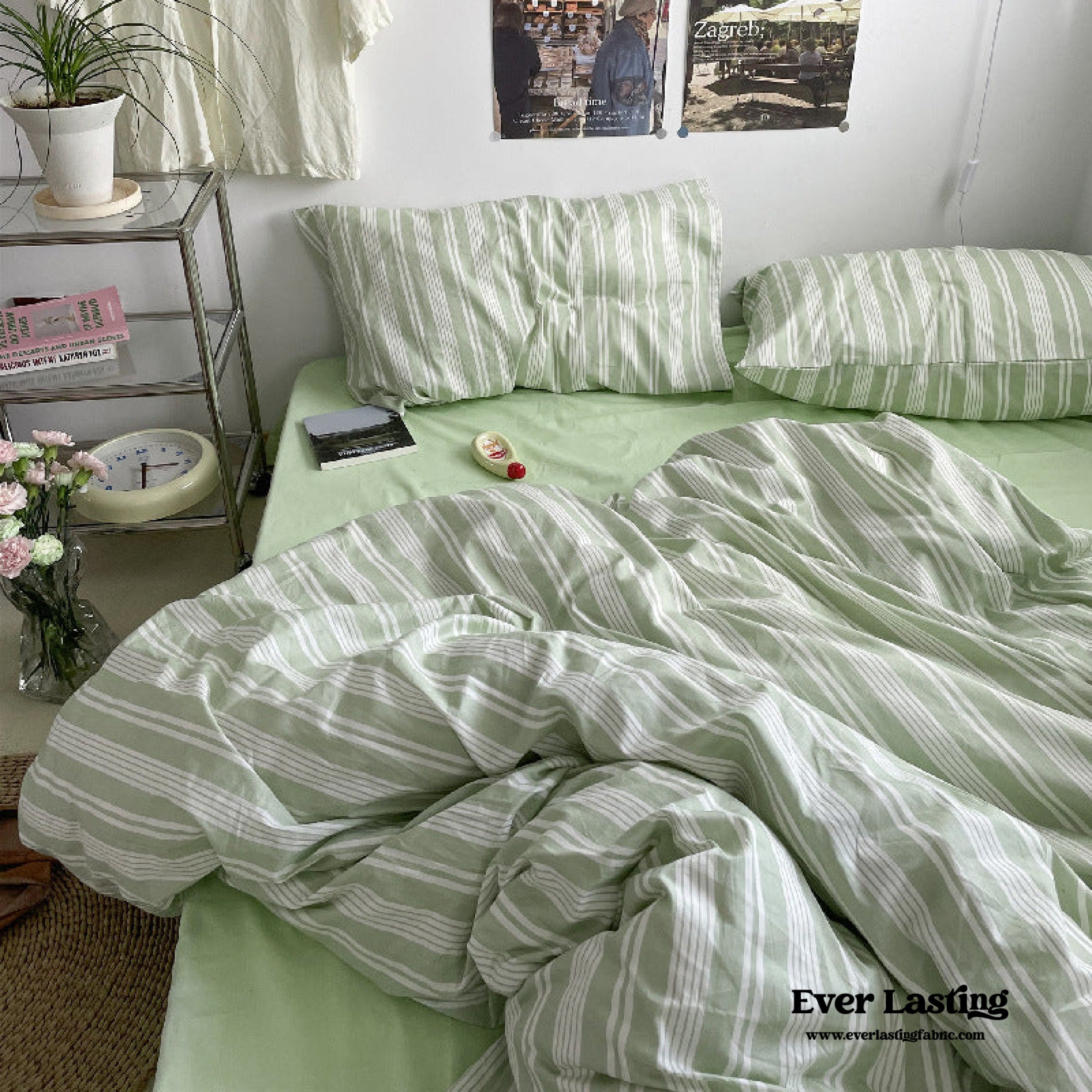 Cozy Washed Cotton Striped Bedding Set - Pink