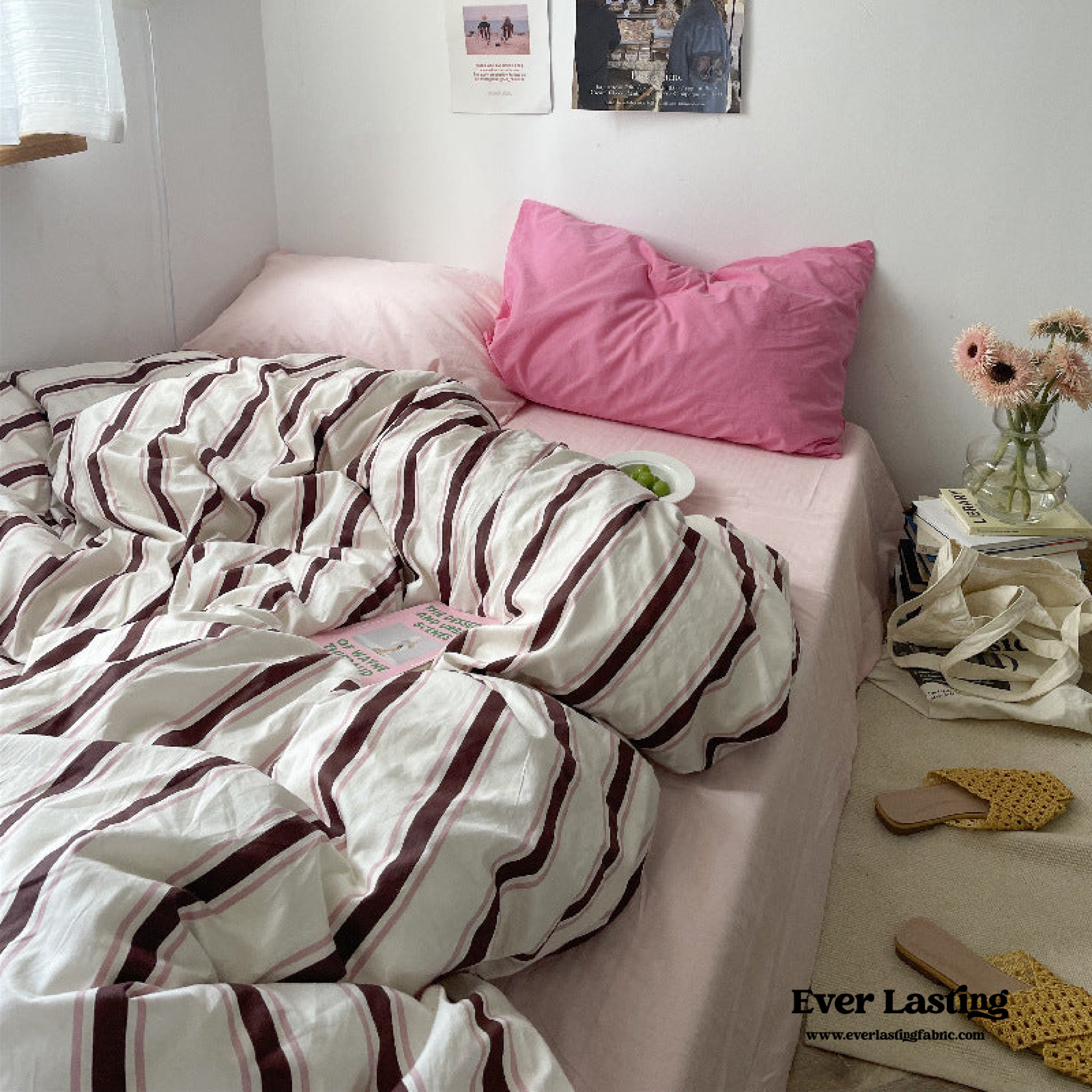 Cozy Washed Cotton Striped Bedding Set - Pink