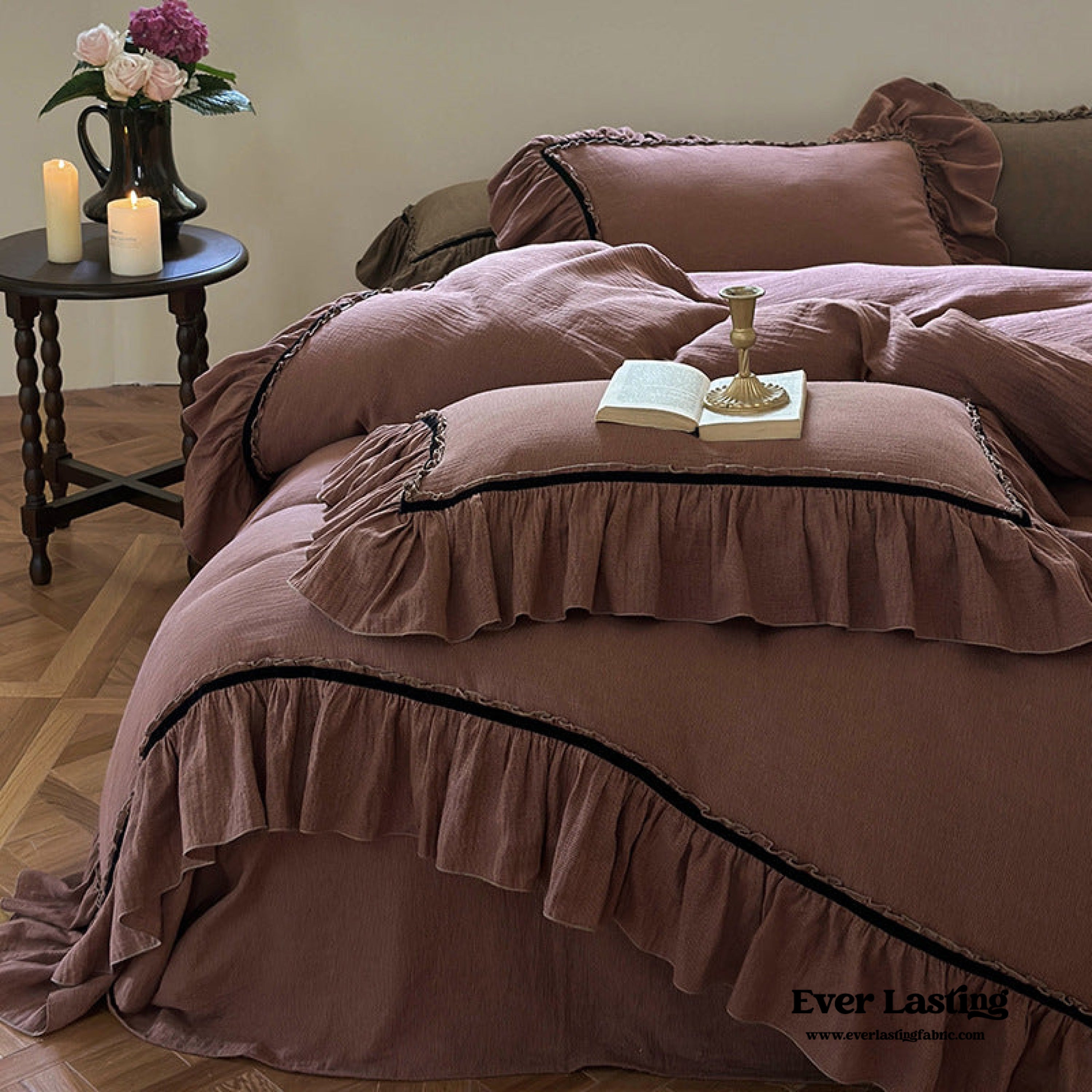 Dark Cottagecore Double Layer Ruffle Bedding Set - Light Brown – MagChic