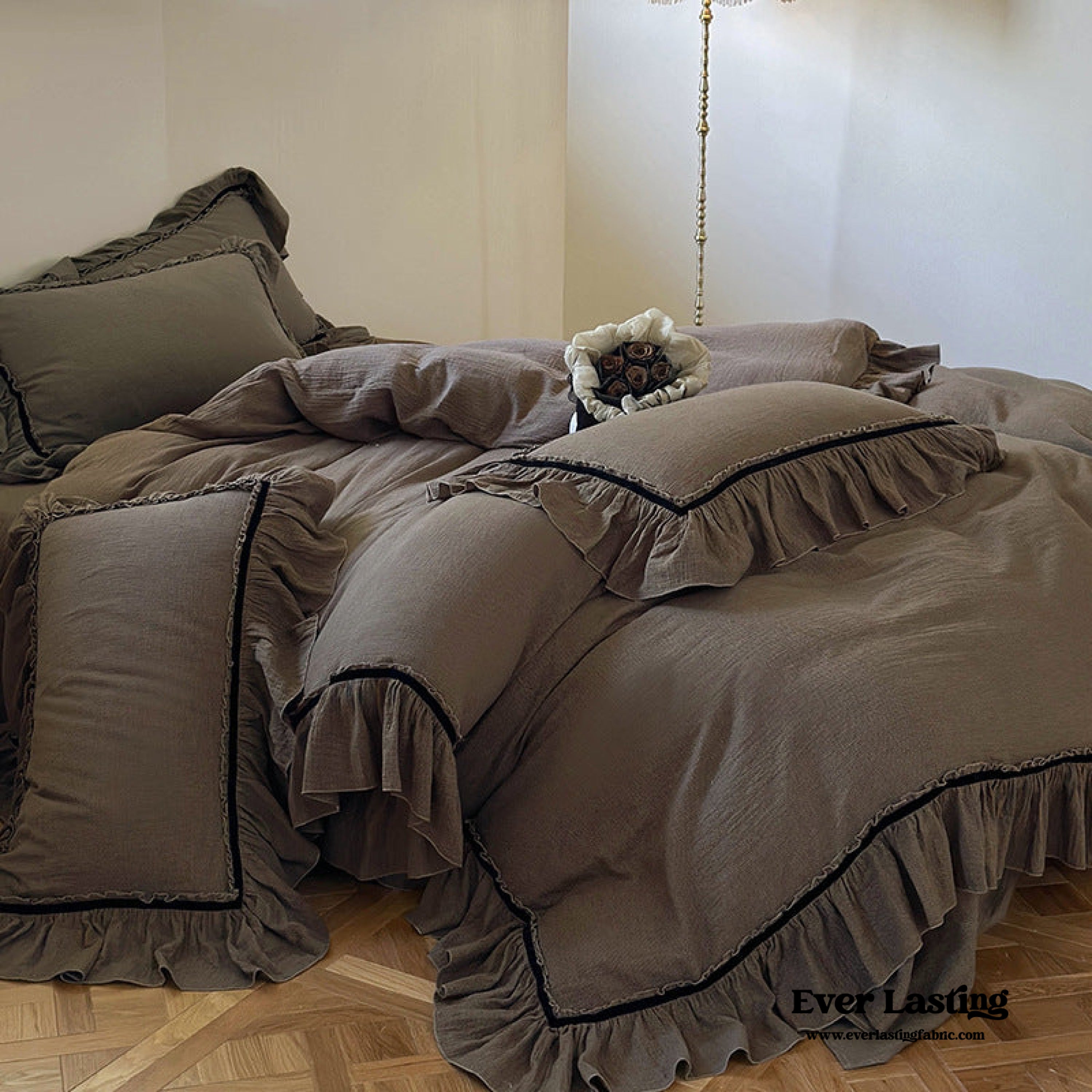 Dark Cottagecore Double Layer Ruffle Bedding Set - Light Brown – MagChic