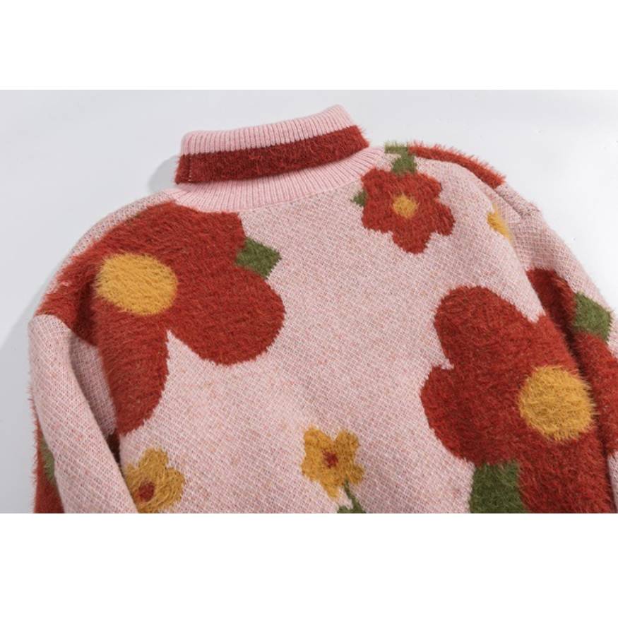 Kurzer Rollkragenpullover mit Blumenmuster