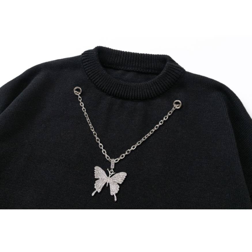 Necklace Decor Butterfly Print Sweater