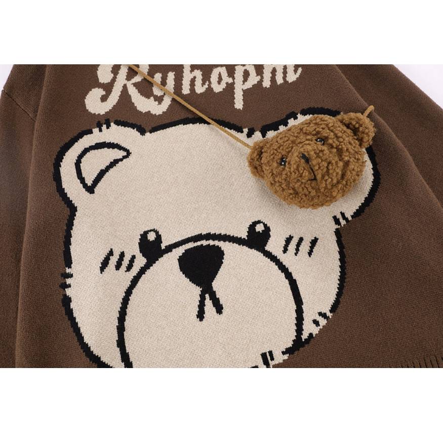 Suéter de punto con estampado de oso y minibolso con forma de oso