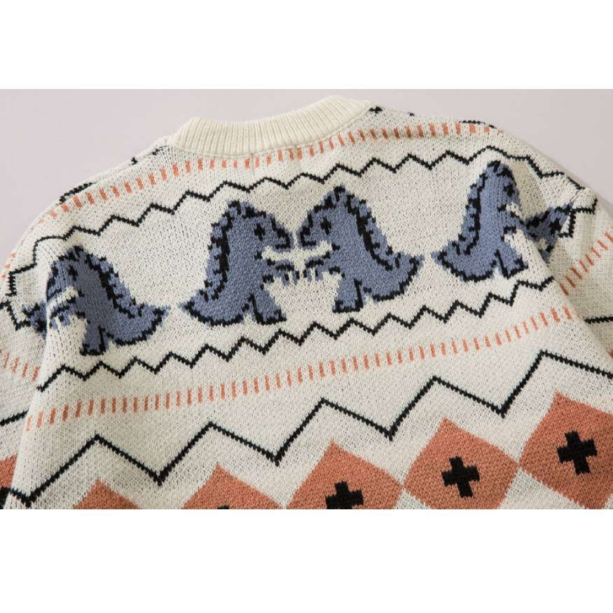 Dinosaur & Wave Pattern Knit Sweater