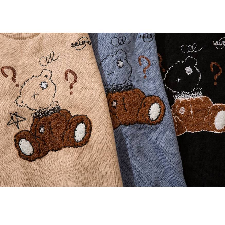 Question Bear Embroidered Knit Sweater