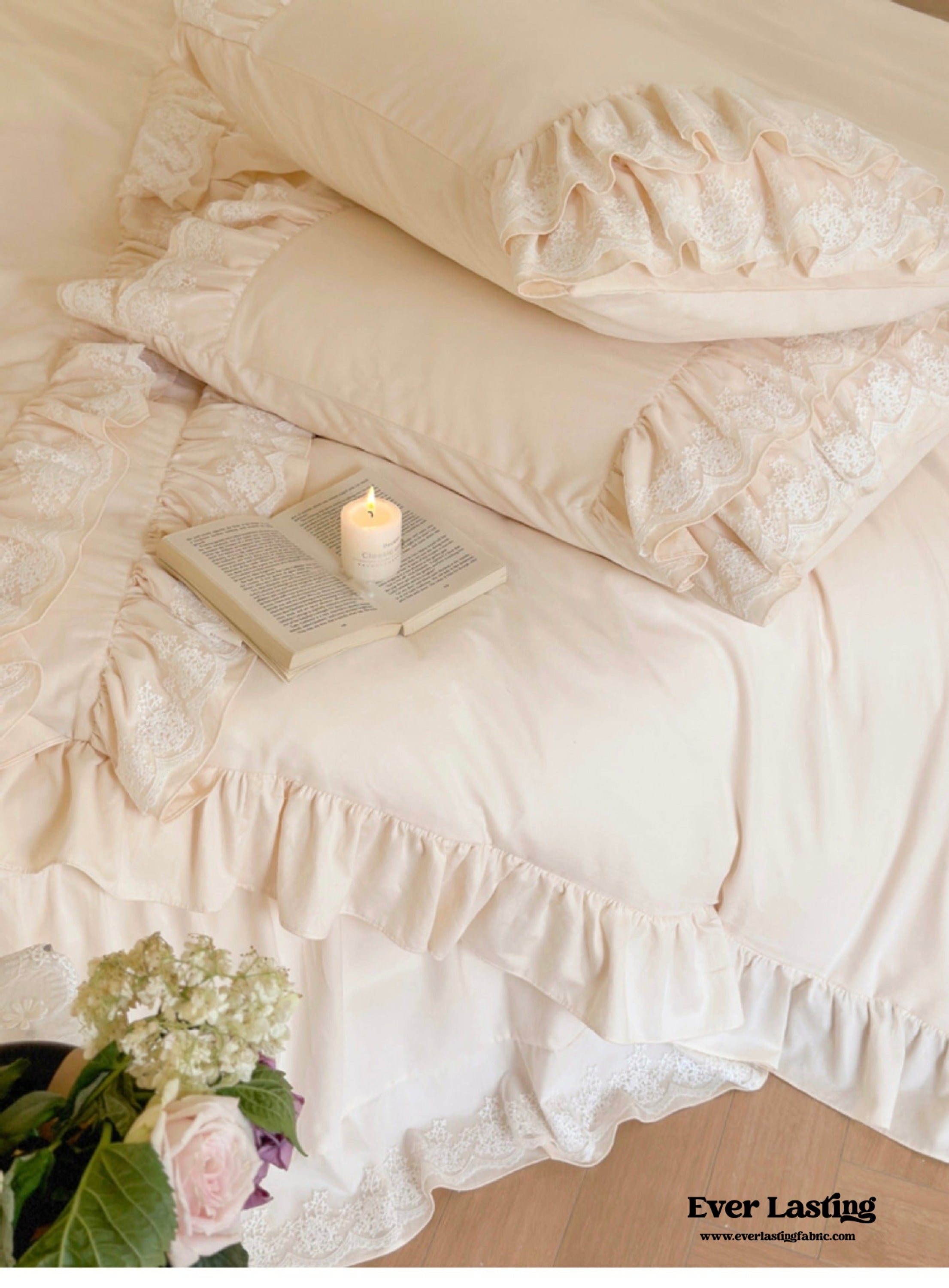 Double Lace Coquette Ruffle Bedding Set - Baby Pink