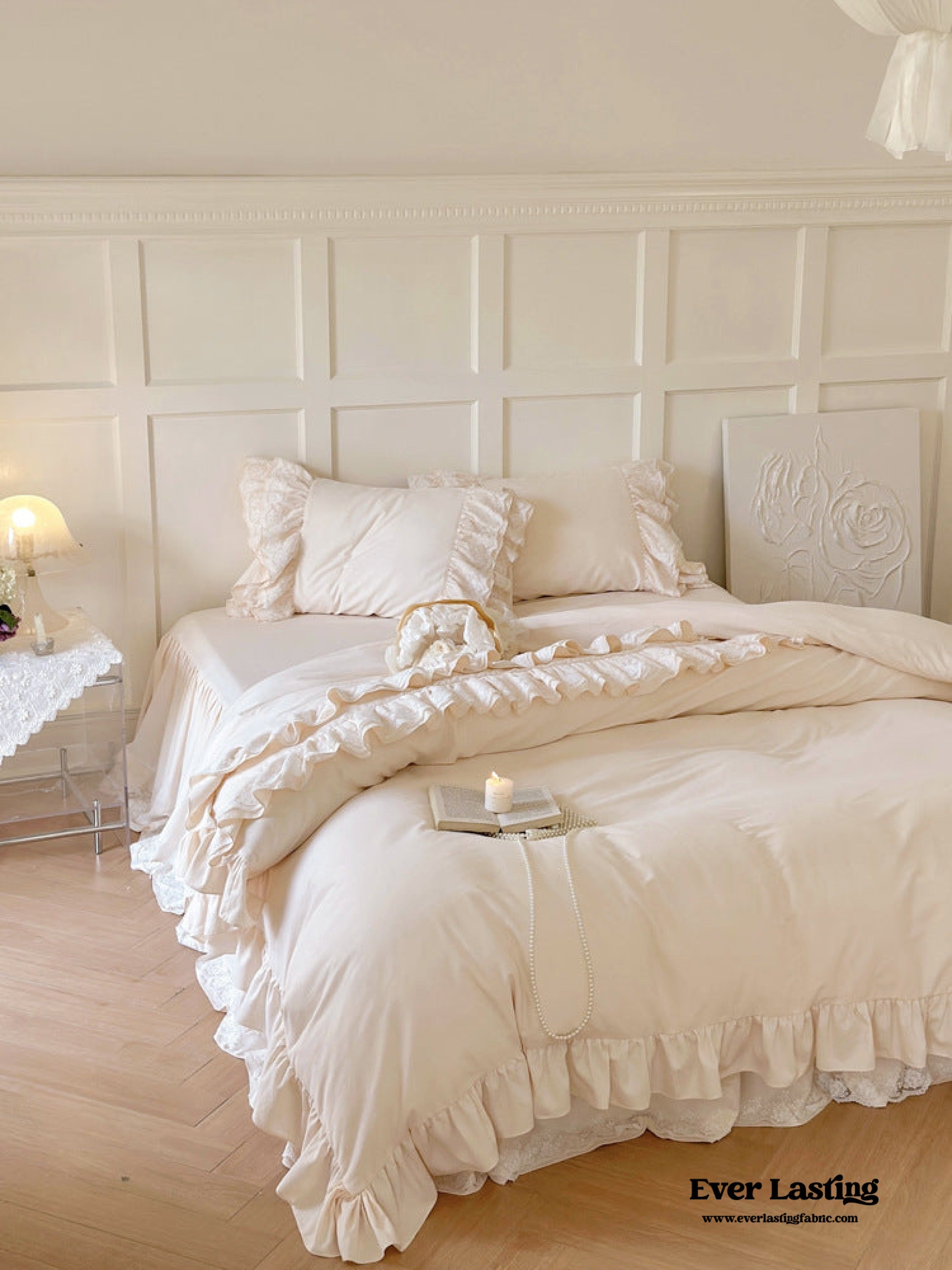Double Lace Coquette Ruffle Bedding Set - Baby Pink
