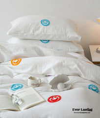 Double Layered Embroidered White Bedding Set - Happy Face