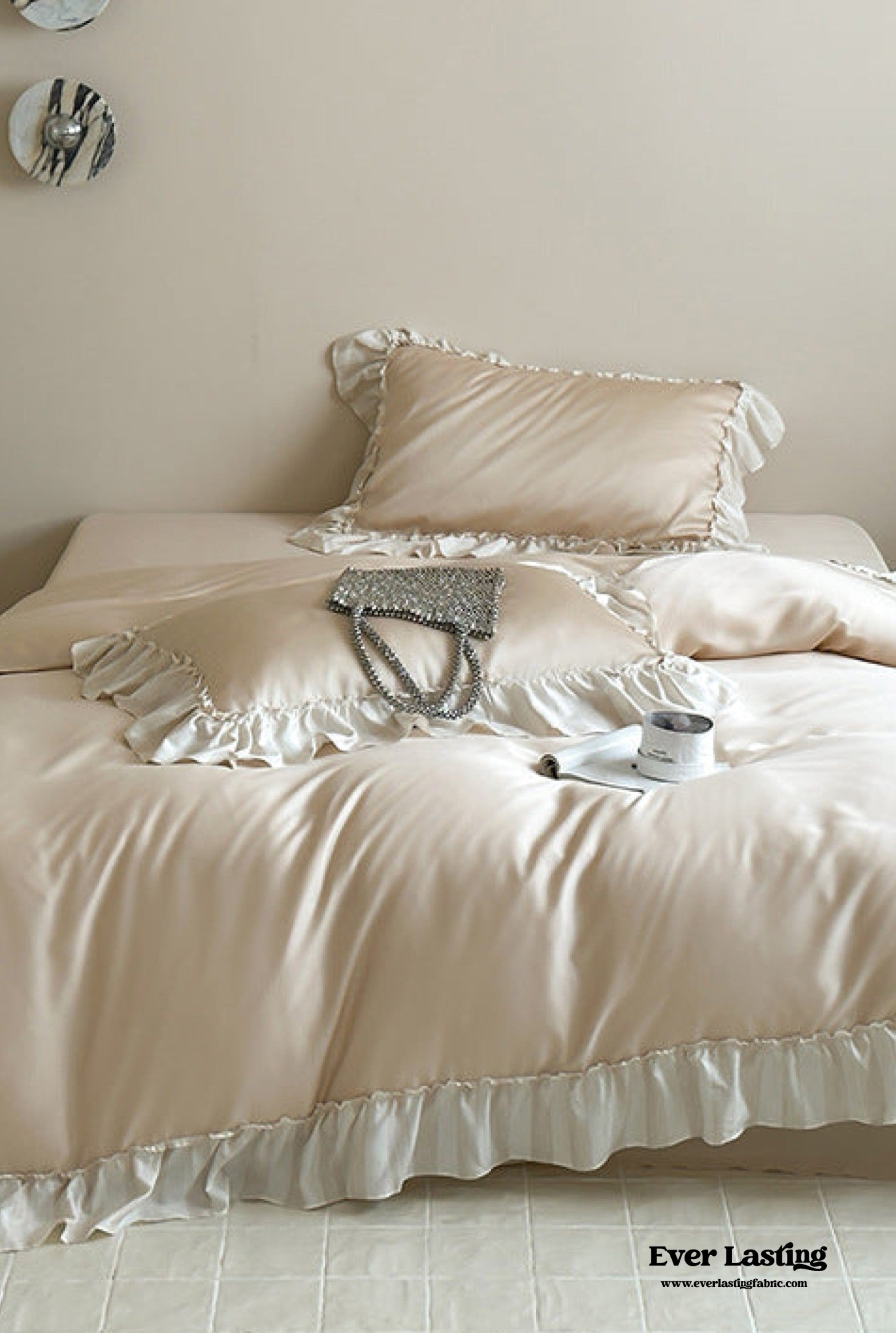 Dreamy Silky Ruffle Tencel Bedding Set - Beige