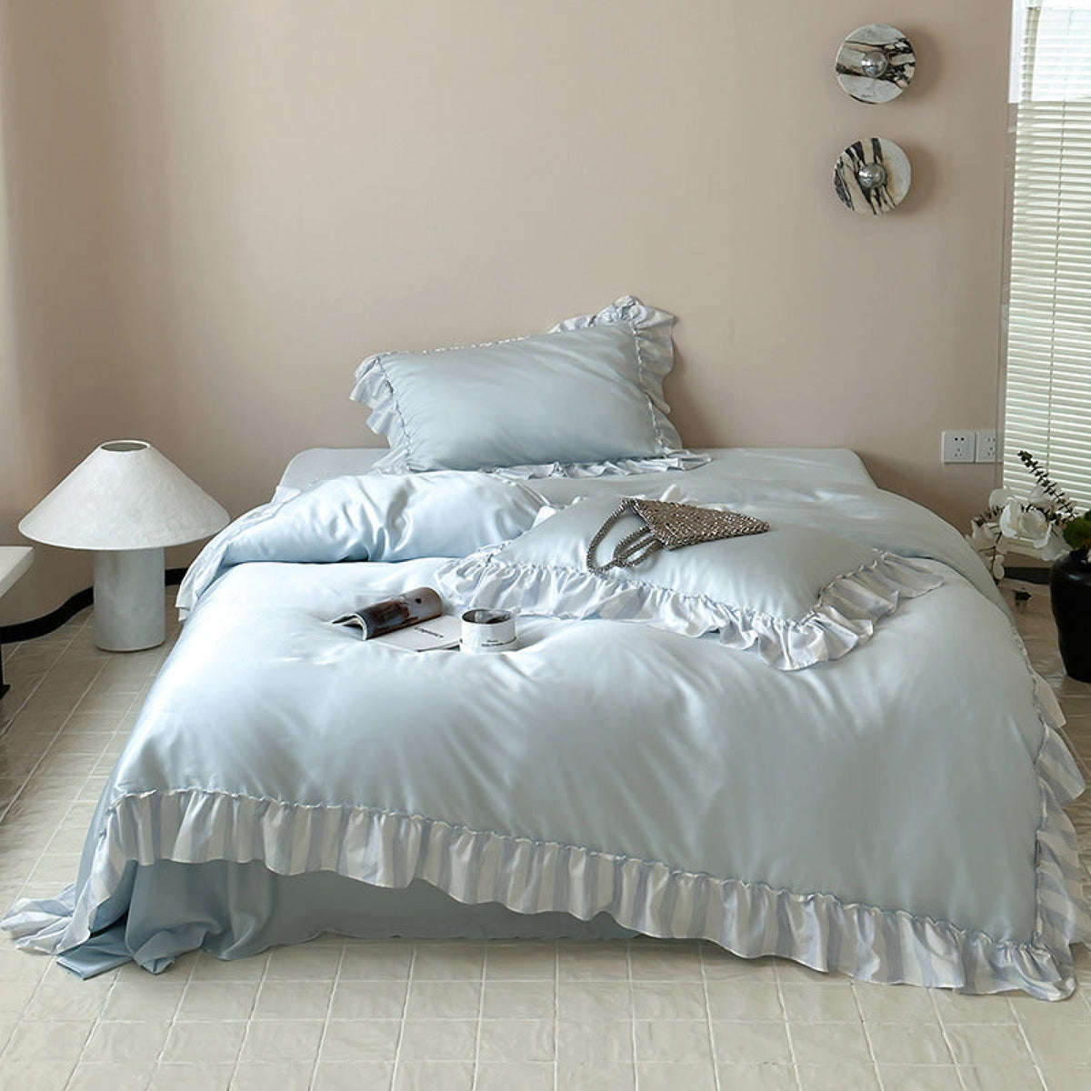 Dreamy Silky Ruffle Tencel Bedding Set - Blue