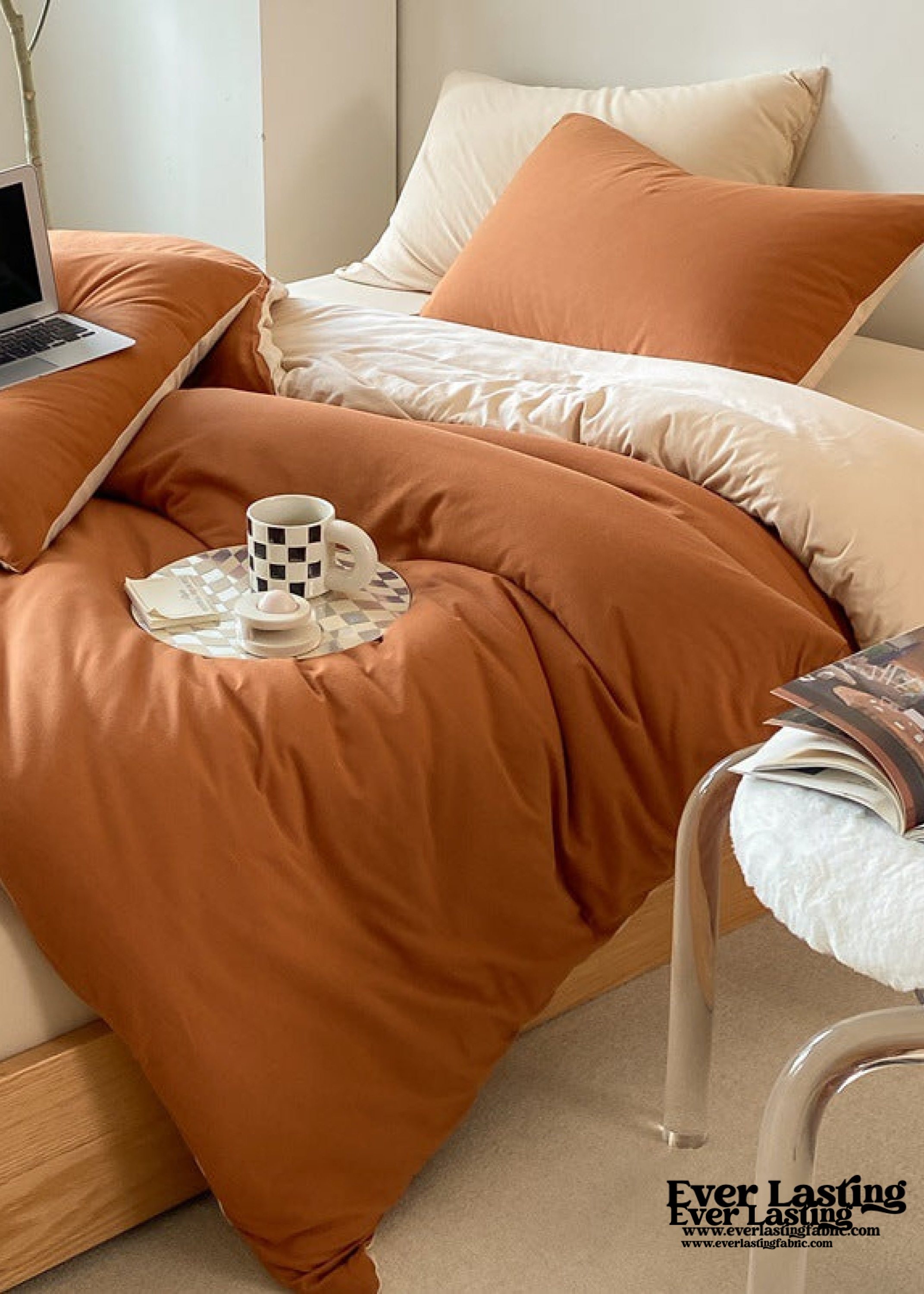 Duo Earth Tone Jersey Knit Bedding Set - Orange + Beige