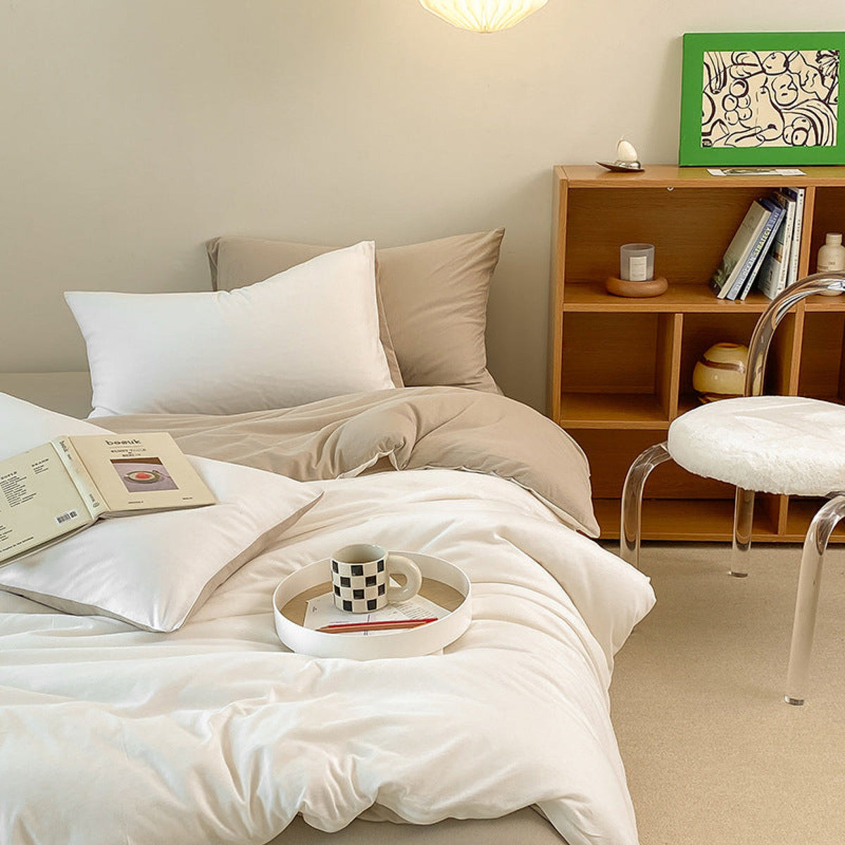 Duo Earth Tone Jersey Knit Bedding Set - White Beige