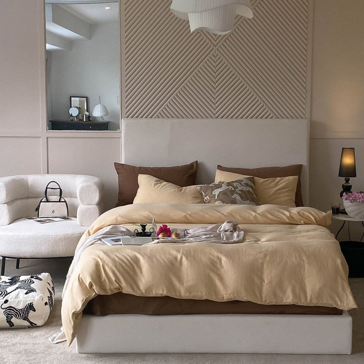 DUO Minimal Double Layer Washed Cotton Bedding Set - Khaki + Brown