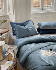 DUO Reversible Pastel Silky Tencel Bedding Set - Dark Blue