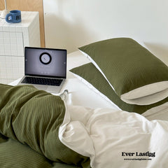 Duo Waffle Bedding Set - Moss Green + White