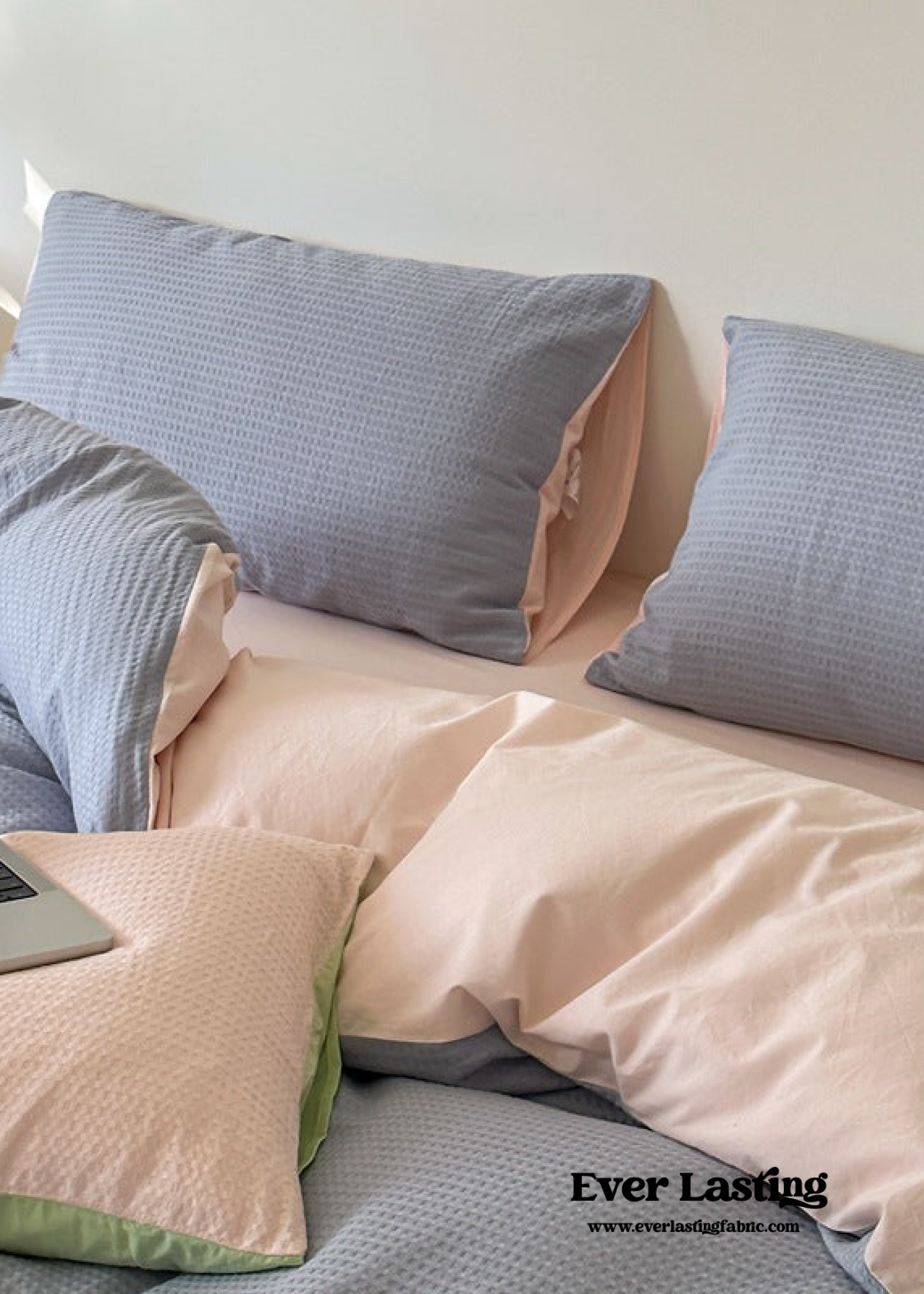 Duo Waffle Bedding Set - Pink + Avocado Green