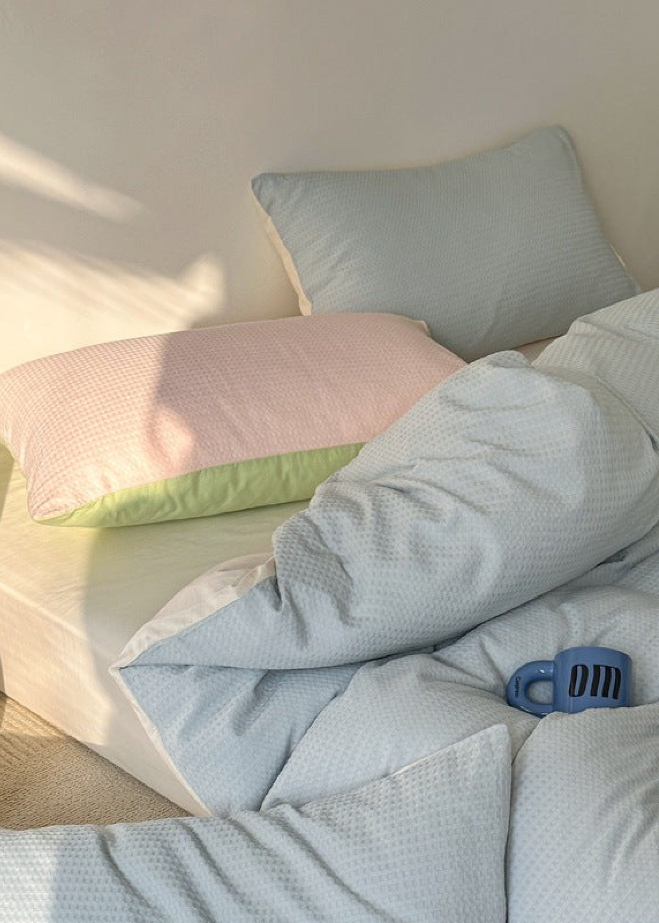 Duo Waffle Bedding Set - Pink + Avocado Green