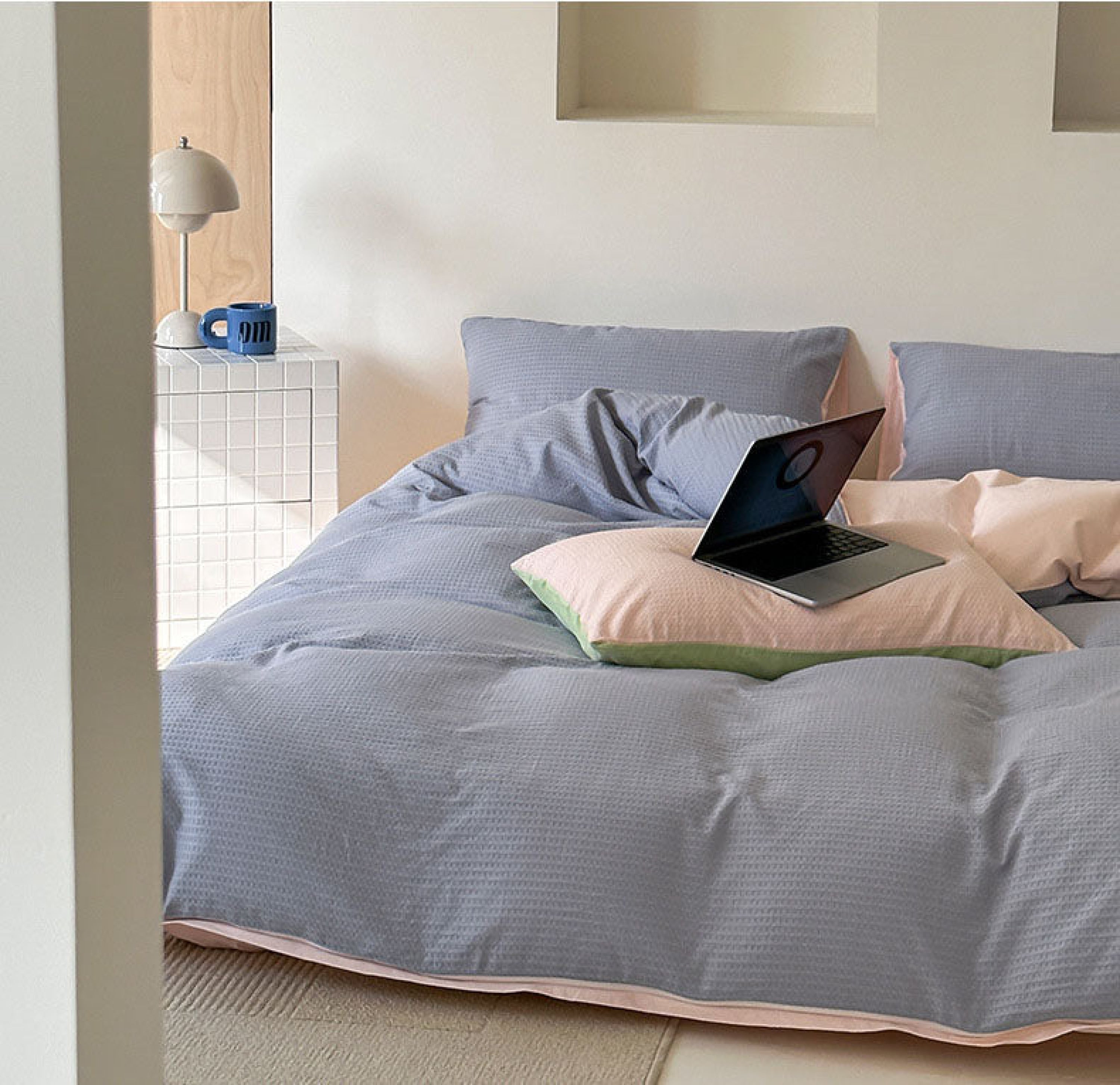 Duo Waffle Bedding Set - Pink + Avocado Green