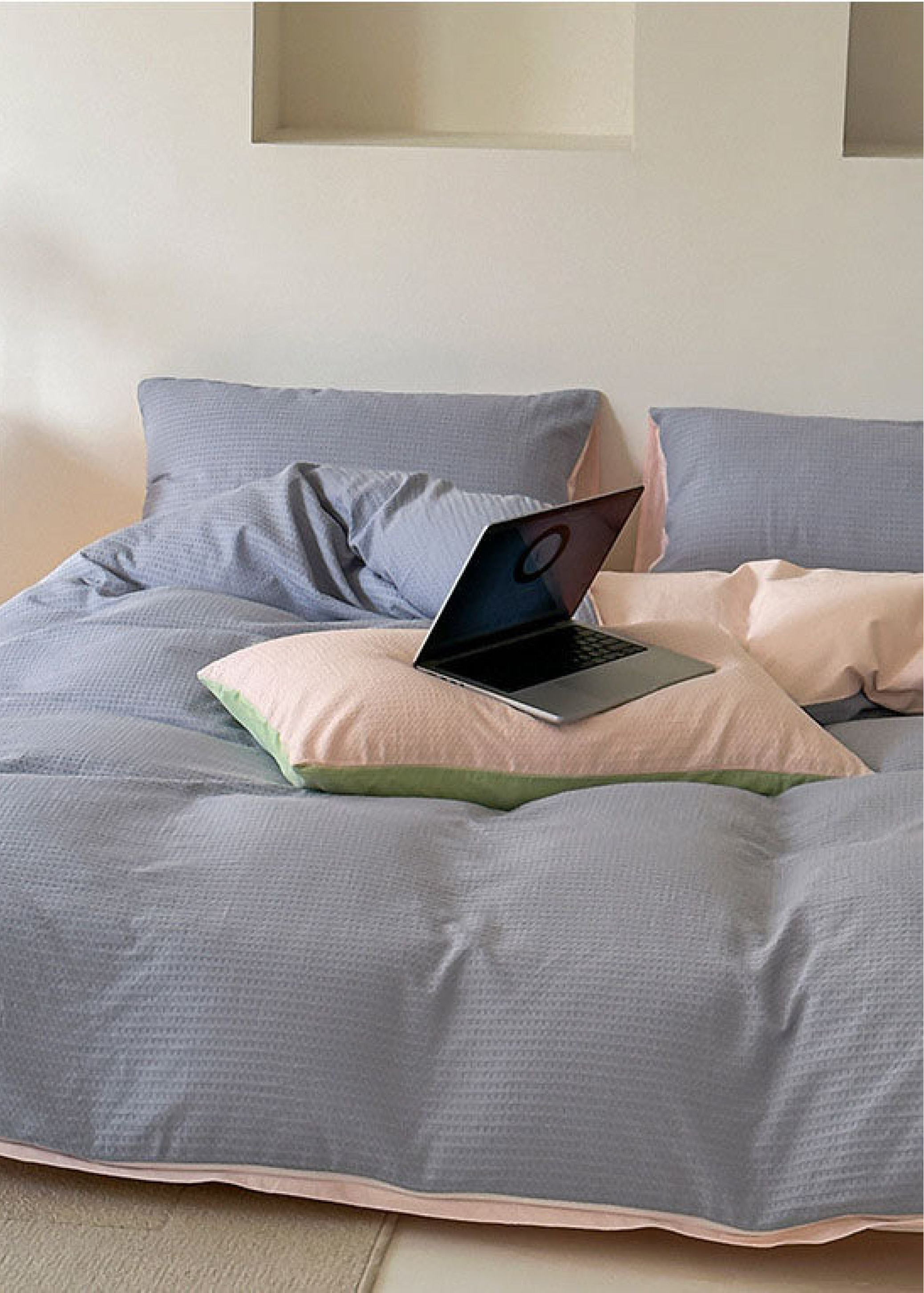 Duo Waffle Bedding Set - Pink + Avocado Green