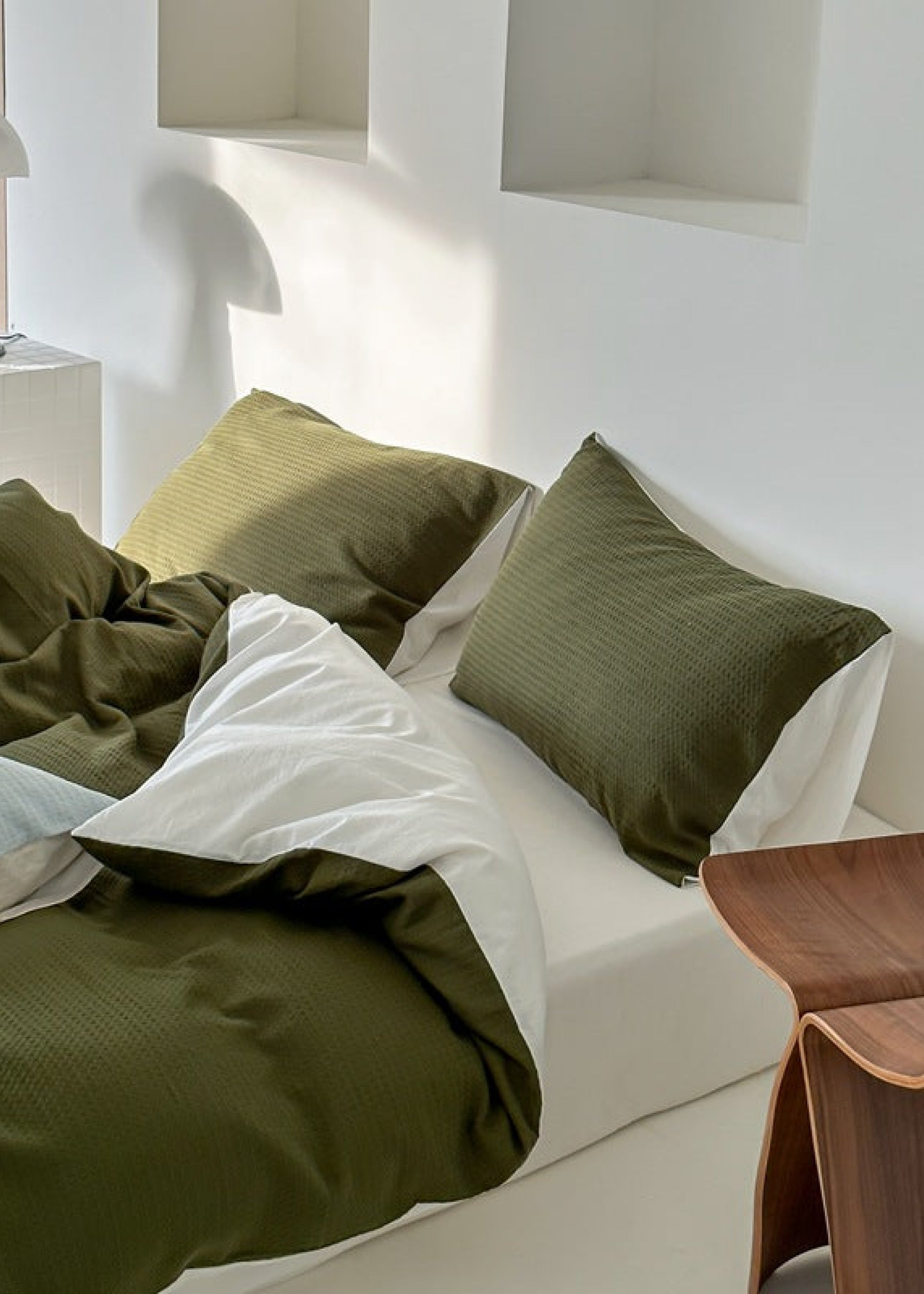 Duo Waffle Bedding Set - Pink + Avocado Green