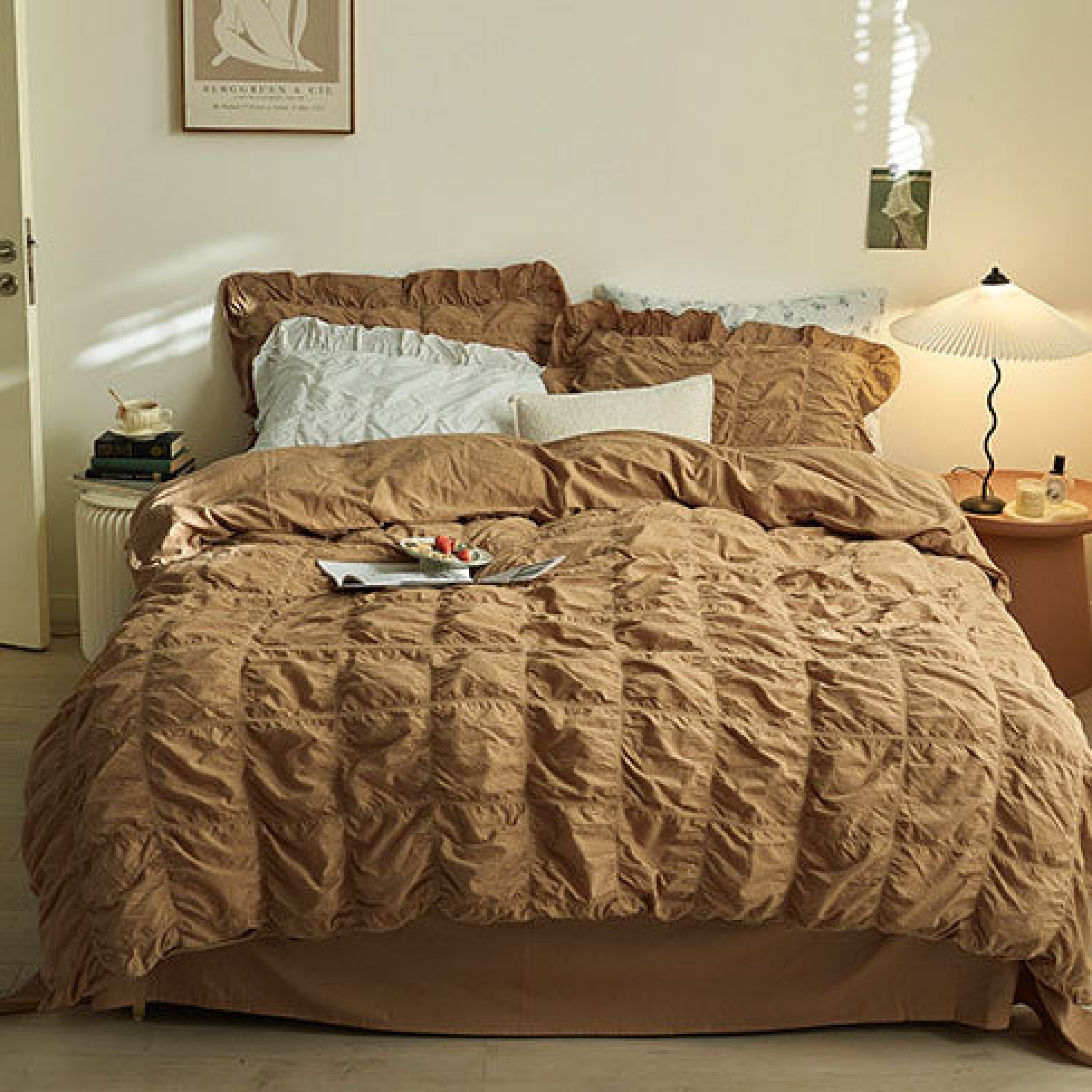 Earth Tone Marshmallow Puff Ruffle Bedding Set - Rust Pink