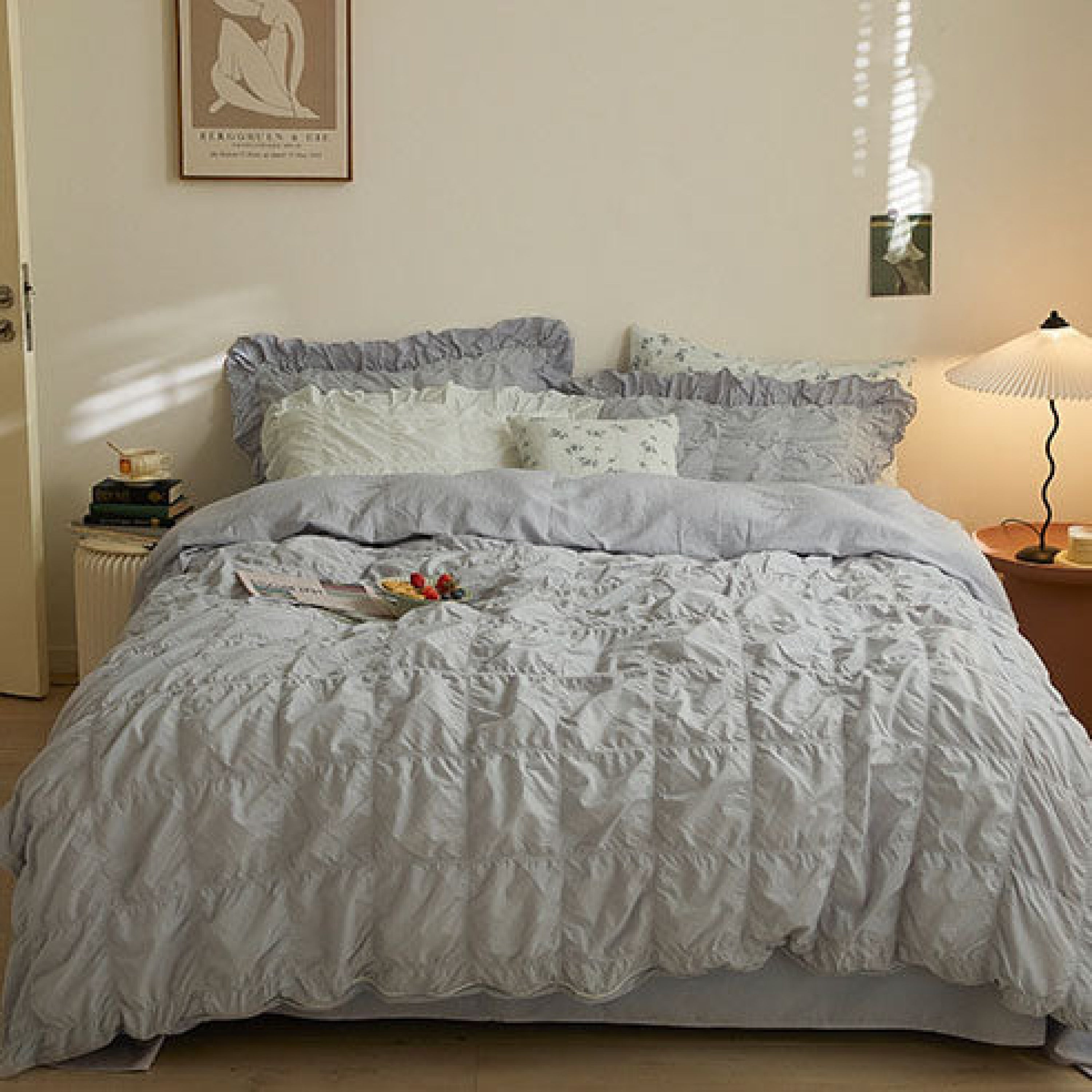 Earth Tone Marshmallow Puff Ruffle Bedding Set - Rust Pink