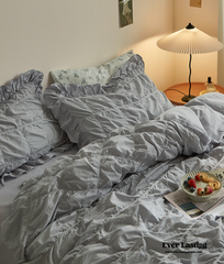 Earth Tone Marshmallow Puff Ruffle Bedding Set - Silver Blue