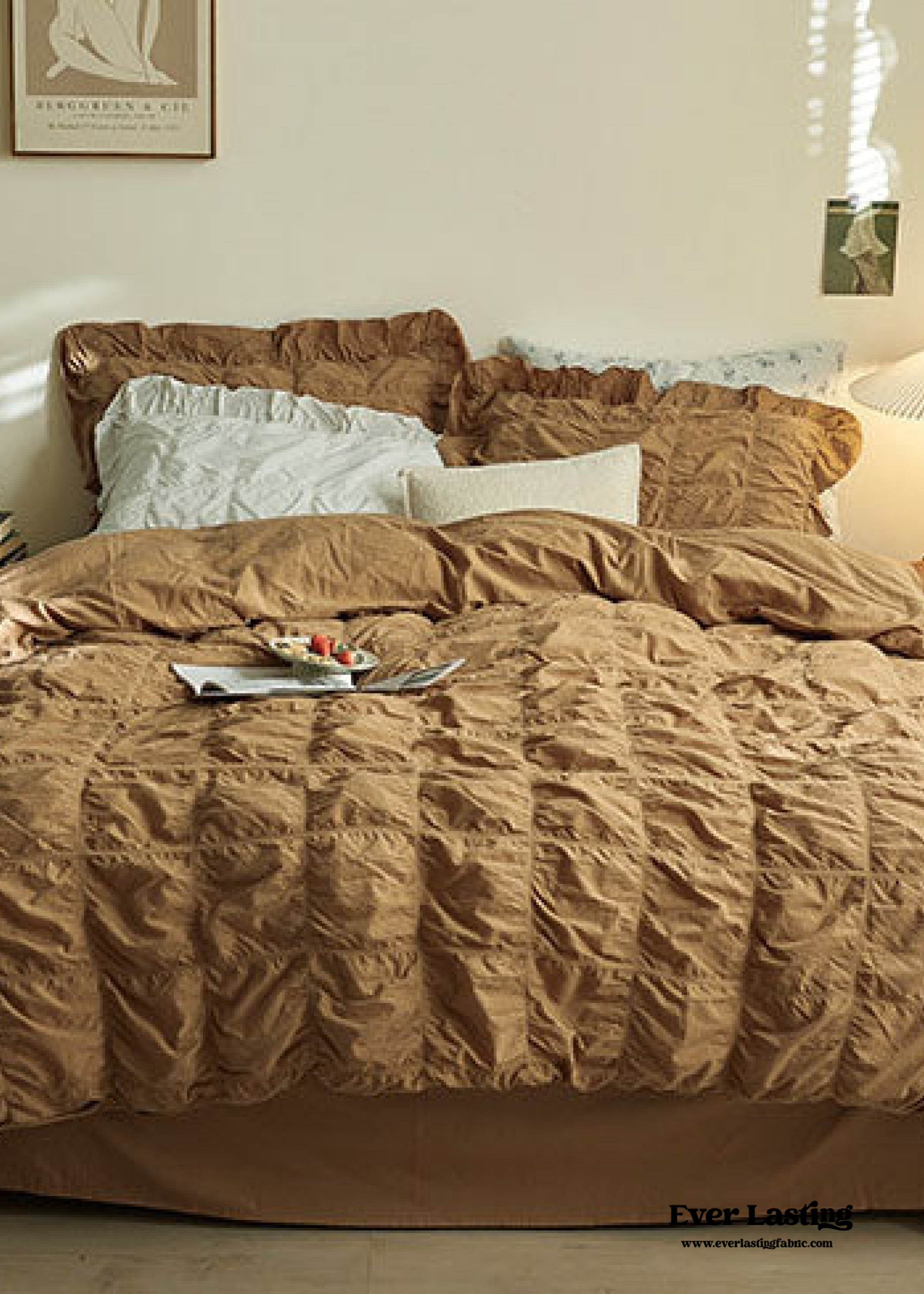 Earth Tone Marshmallow Puff Ruffle Bedding Set - White