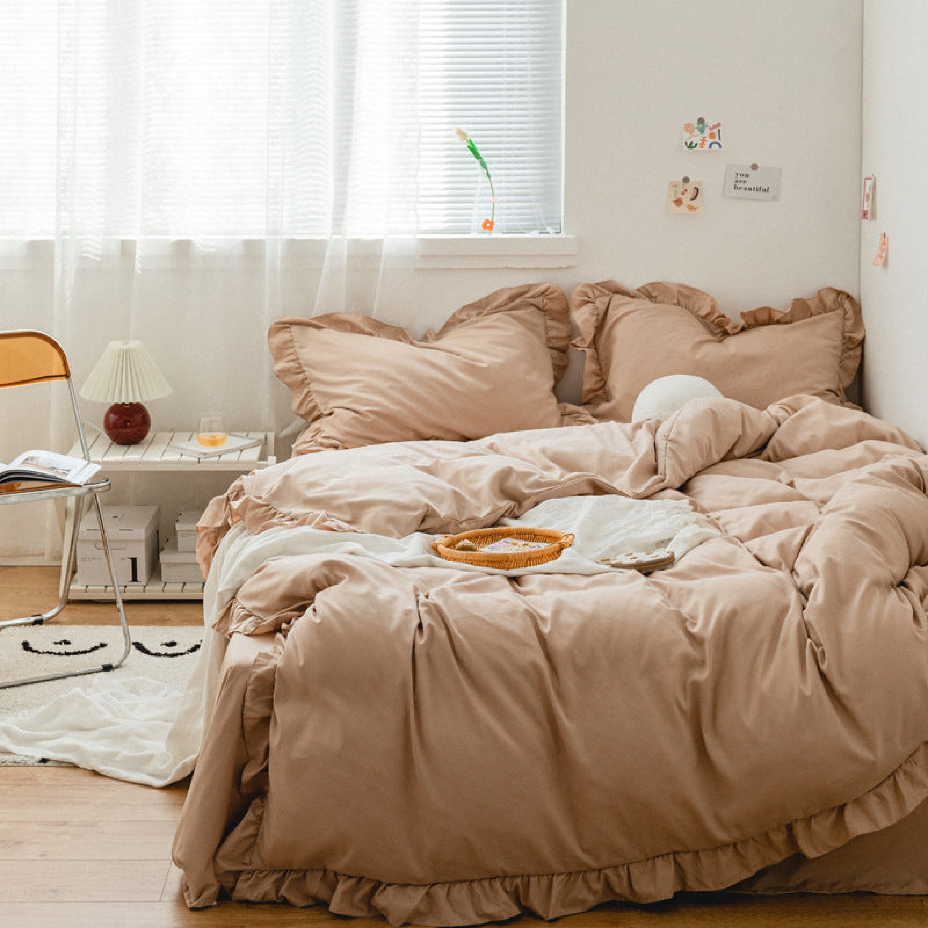 Earth Tone Ruffle Bedding Set - Pink