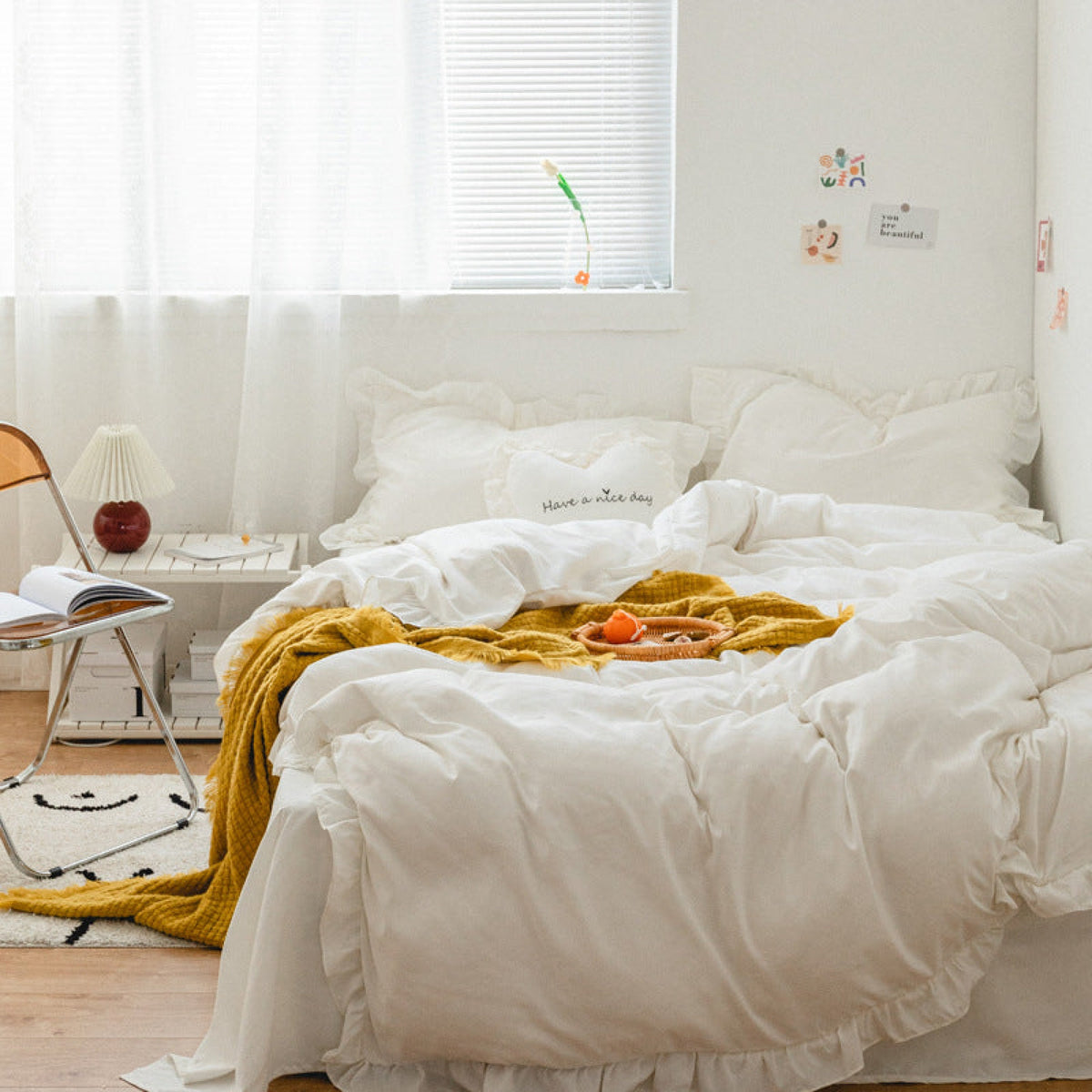 Earth Tone Ruffle Bedding Set - White