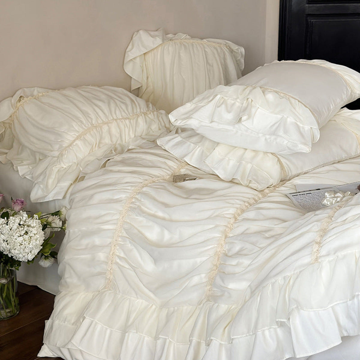 Élodie Silky Coquette Ruffled Bedding Set - White