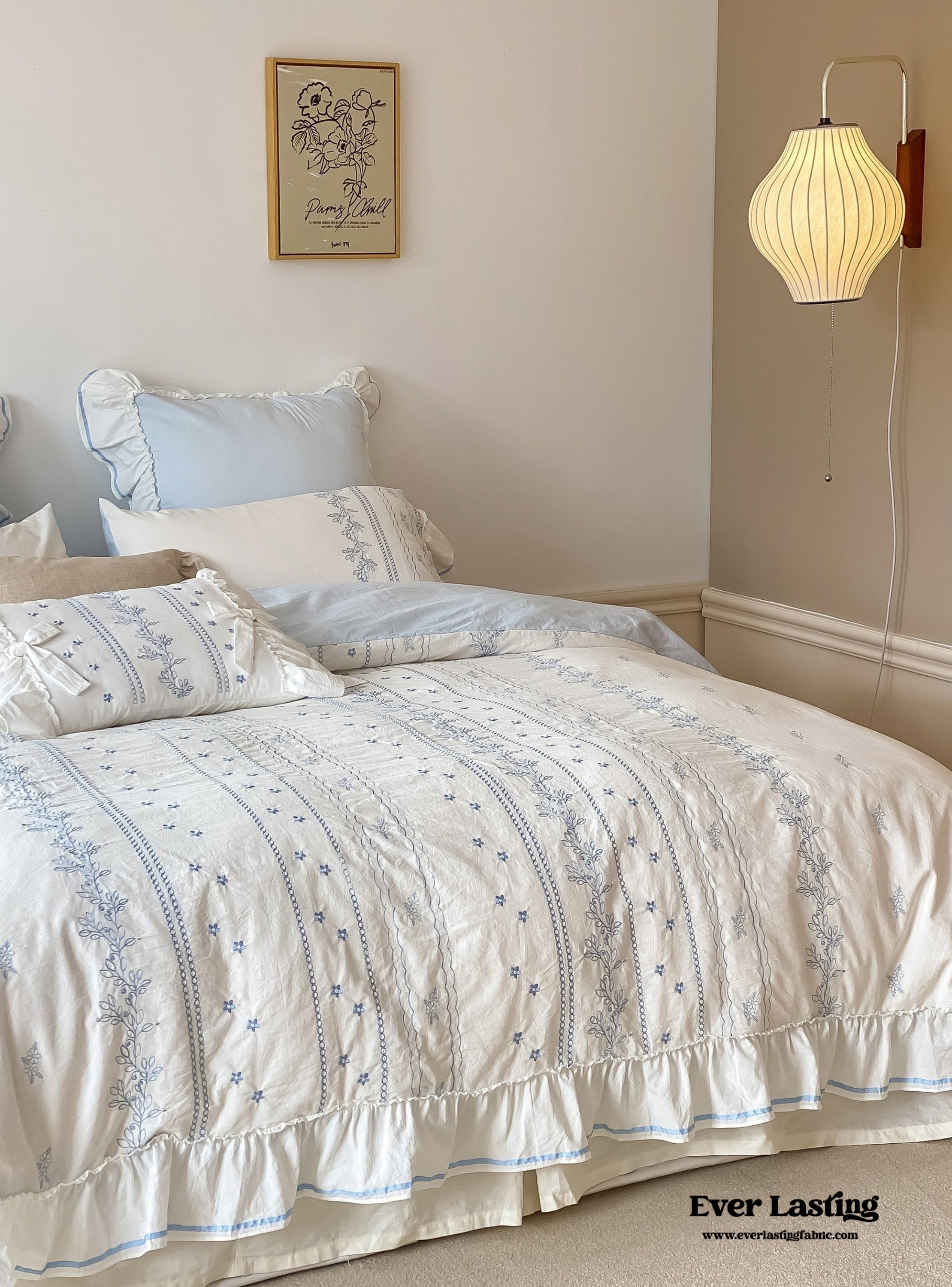 Embroidered French Lace Ruffle Bedding Set - Blue