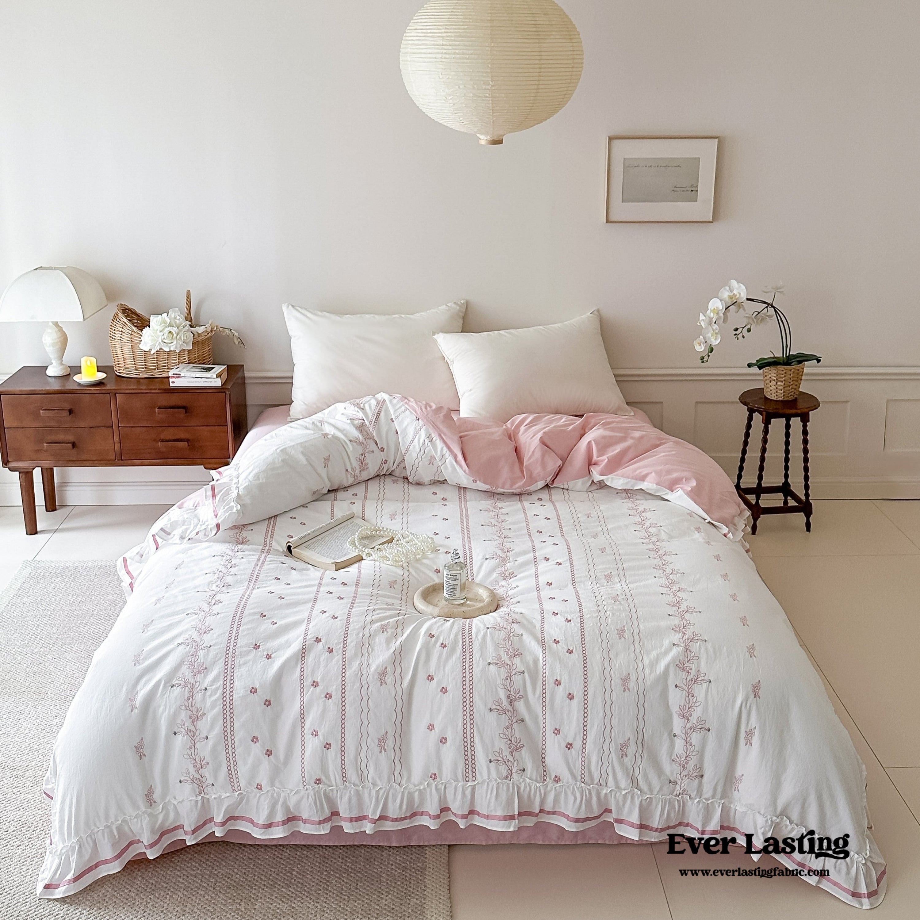 Embroidered French Lace Ruffle Bedding Set - Blue
