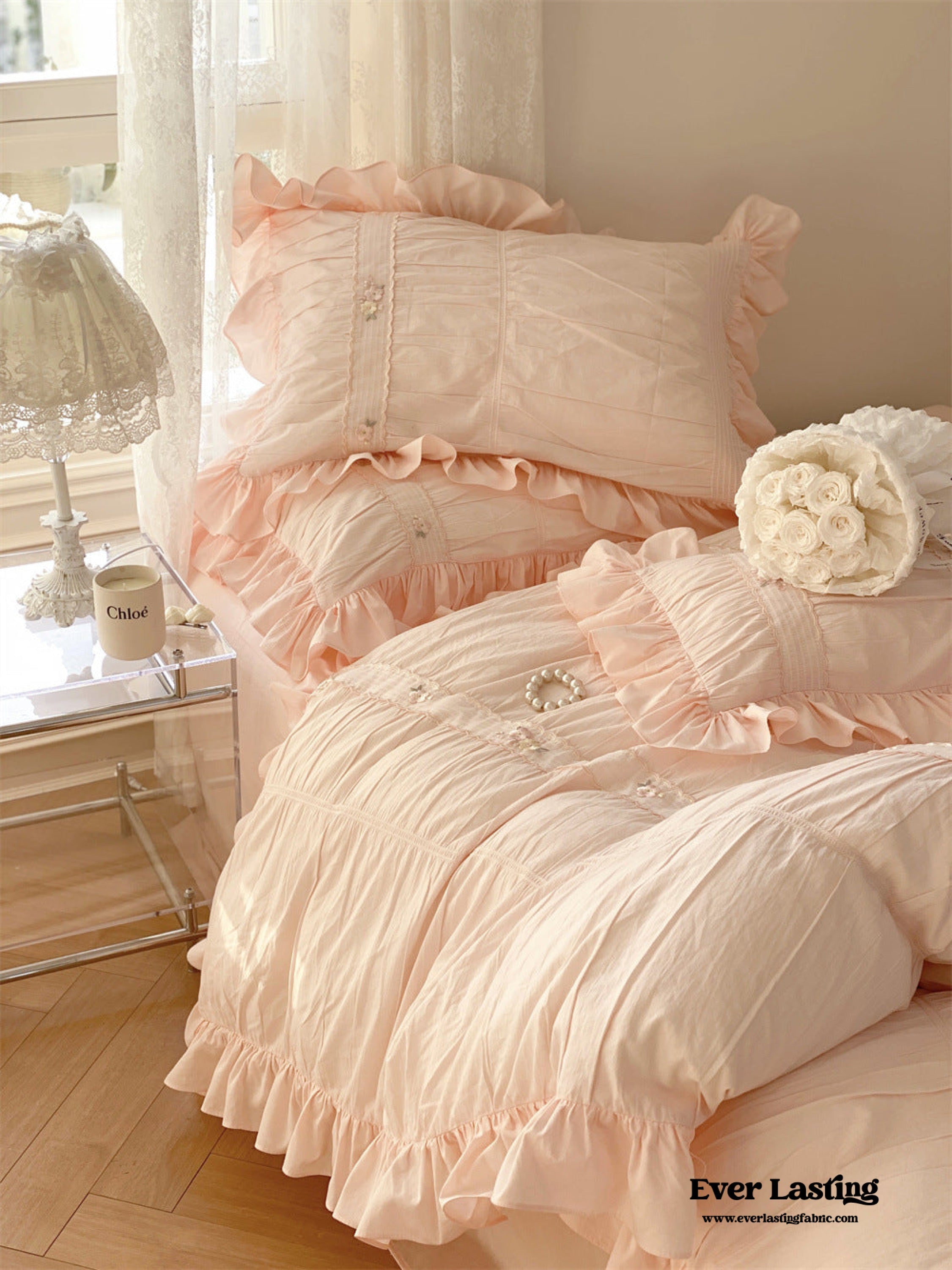 Embroidered Lace Ruffle Bedding Set - Pink