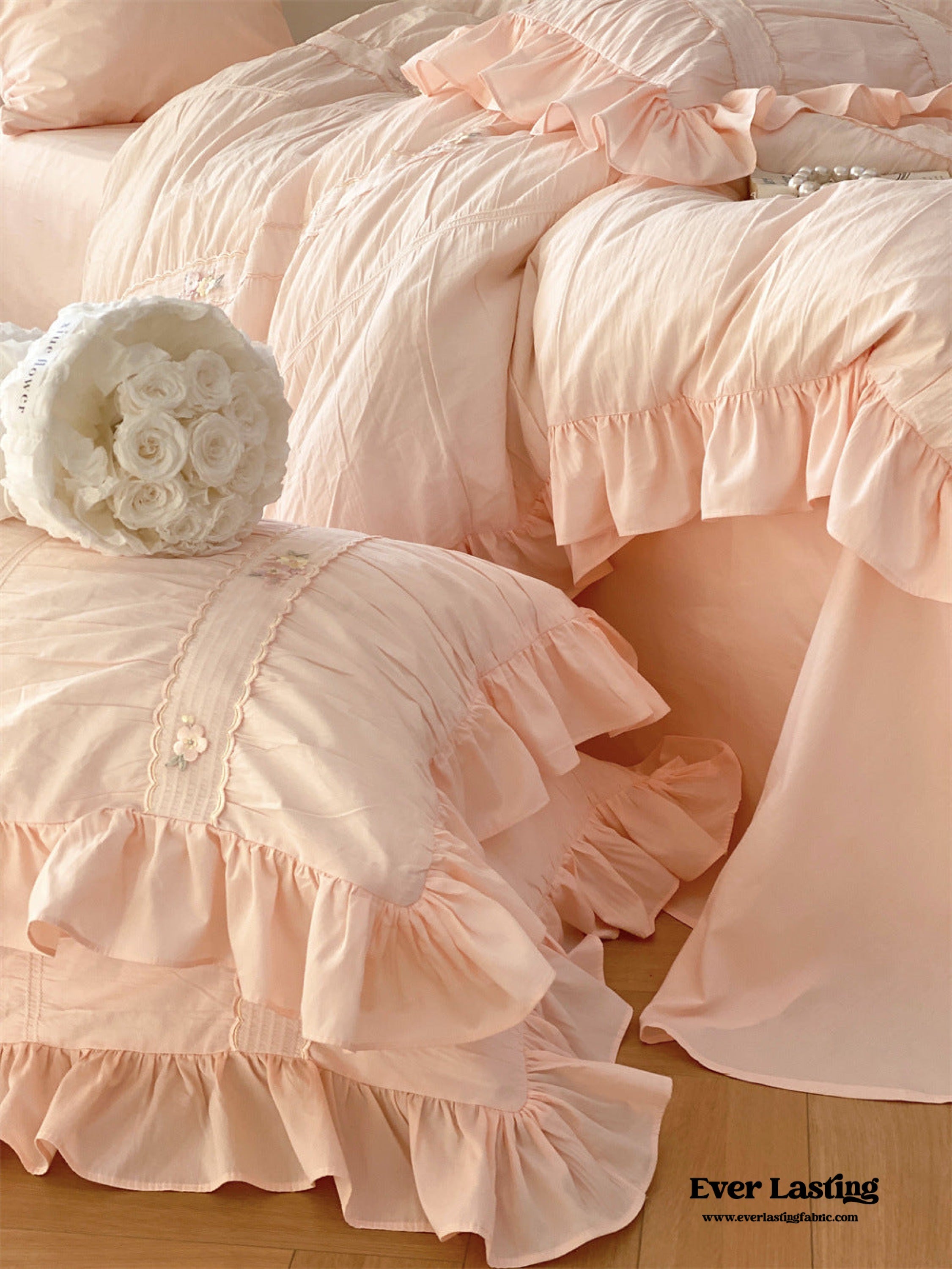 Embroidered Lace Ruffle Bedding Set - Pink