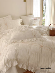 Embroidered Lace Ruffle Bedding Set - White