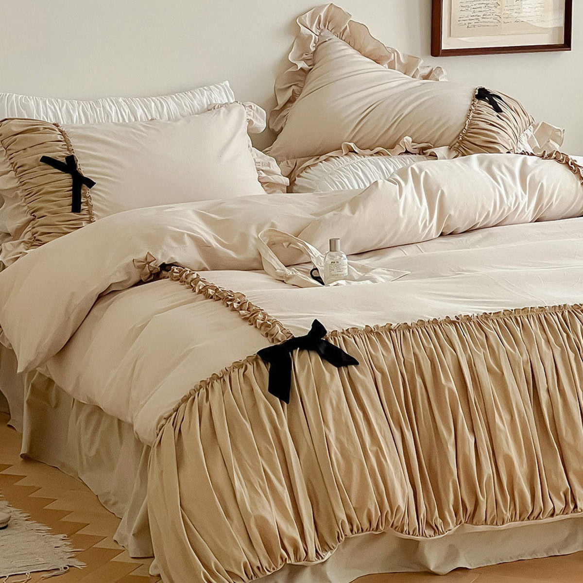 French Beige Ribbon Ruffle Bedding Bundle