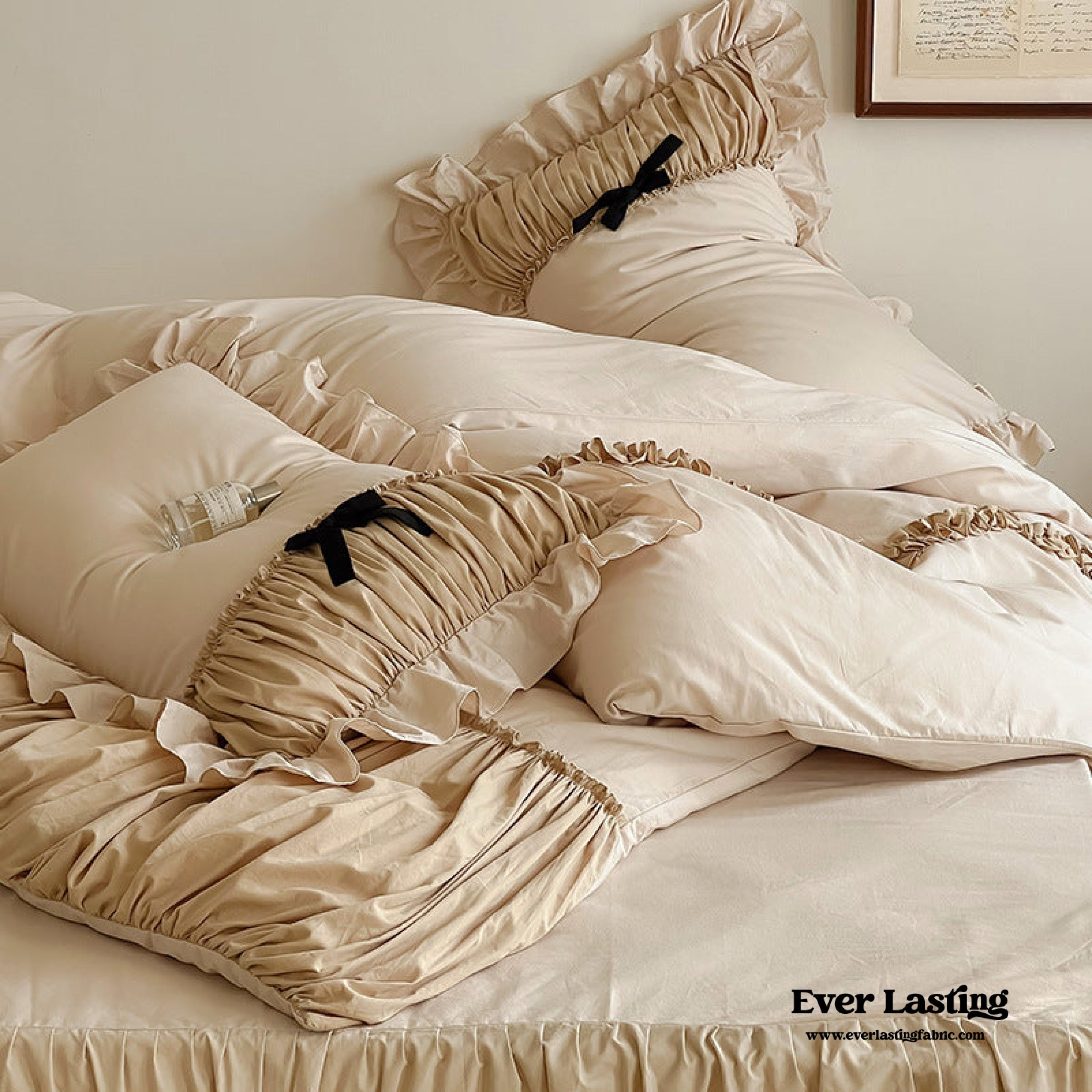 French Beige Ribbon Ruffle Bedding Set
