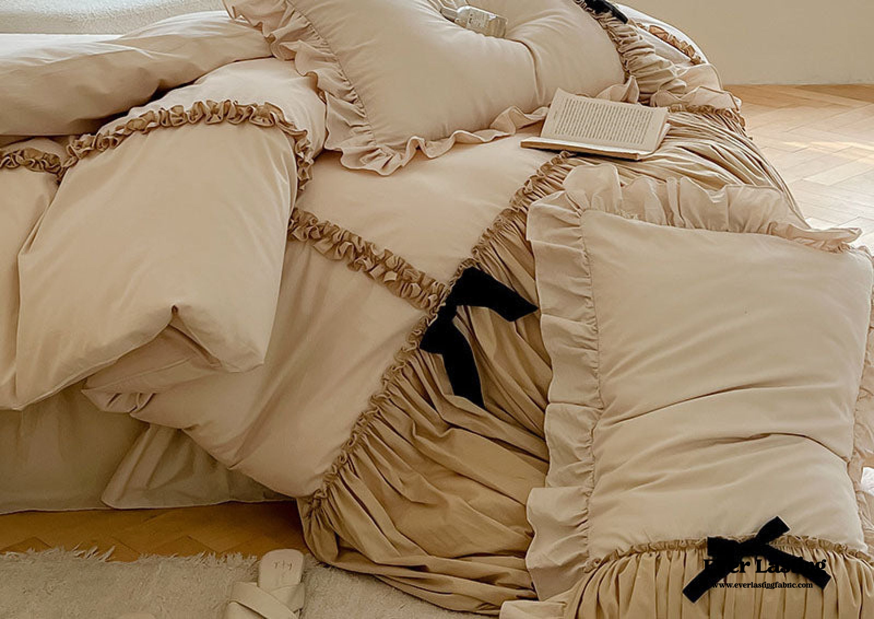 French Beige Ribbon Ruffle Bedding Set