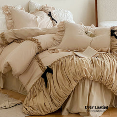 French Beige Ribbon Ruffle Bedding Set