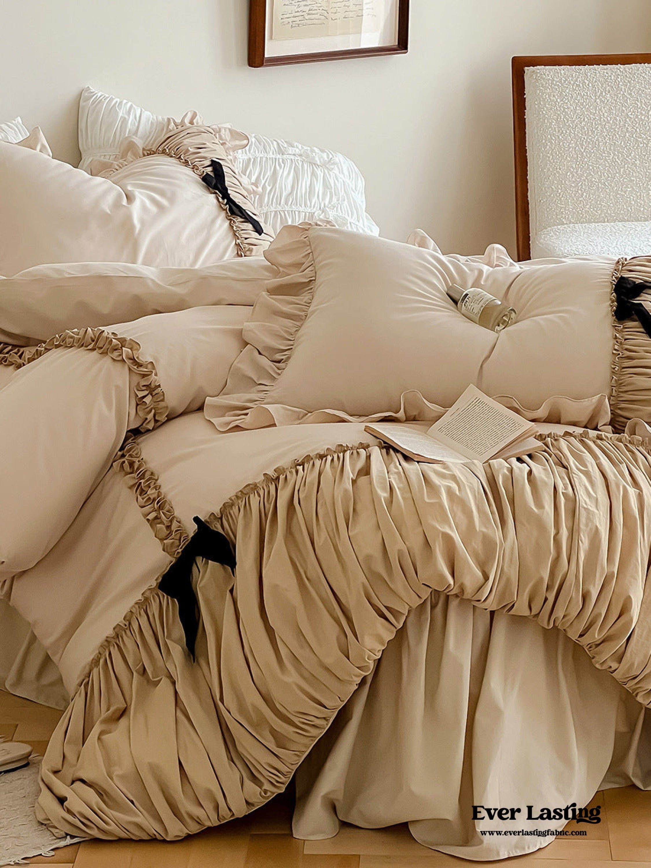 French Beige Ribbon Ruffle Bedding Set