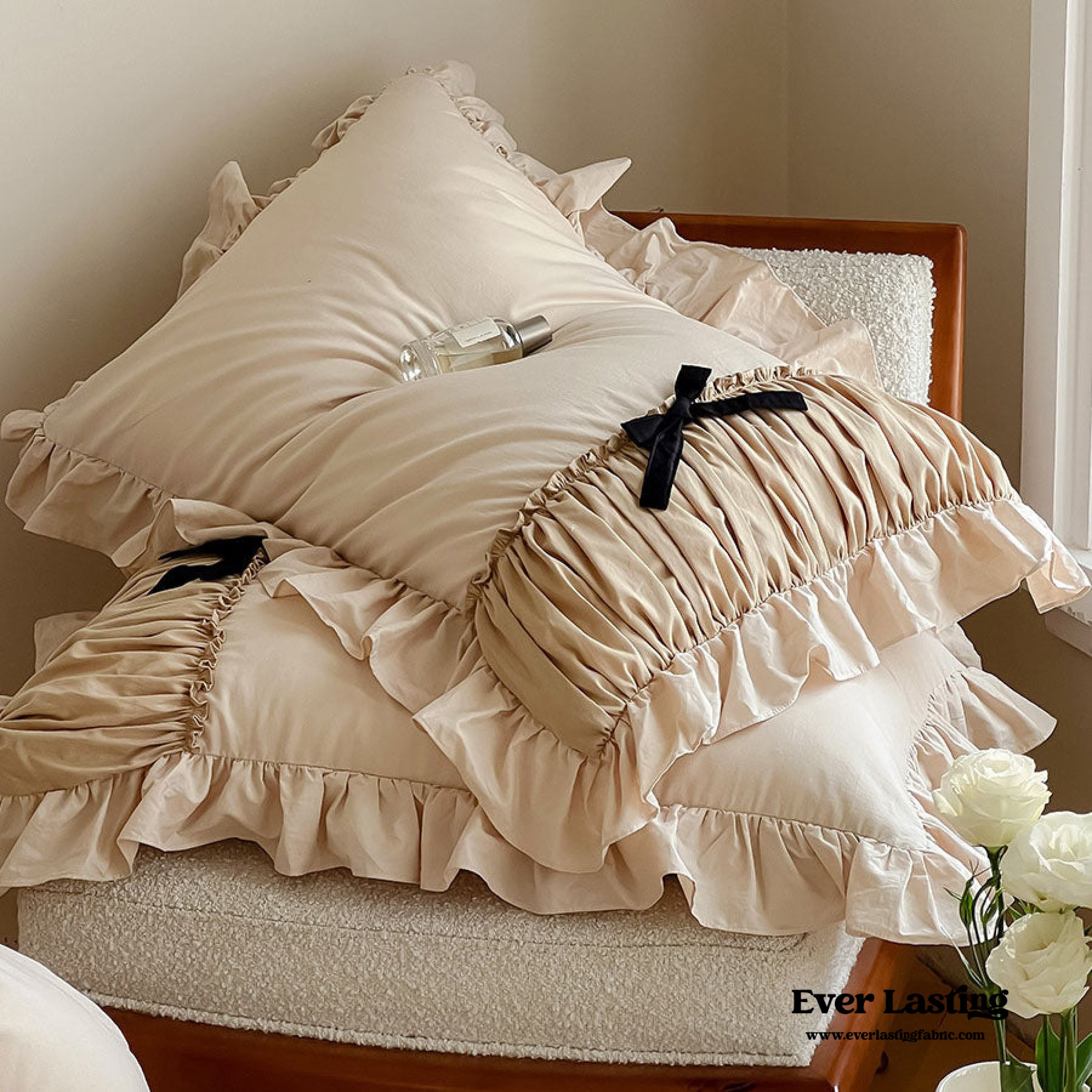 French Beige Ribbon Ruffle Bedding Set