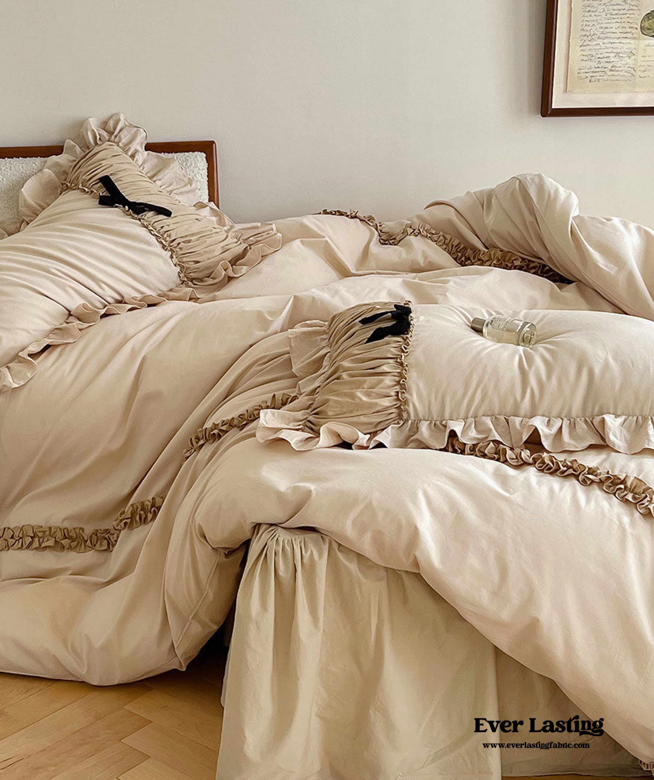 French Beige Ribbon Ruffle Bedding Set
