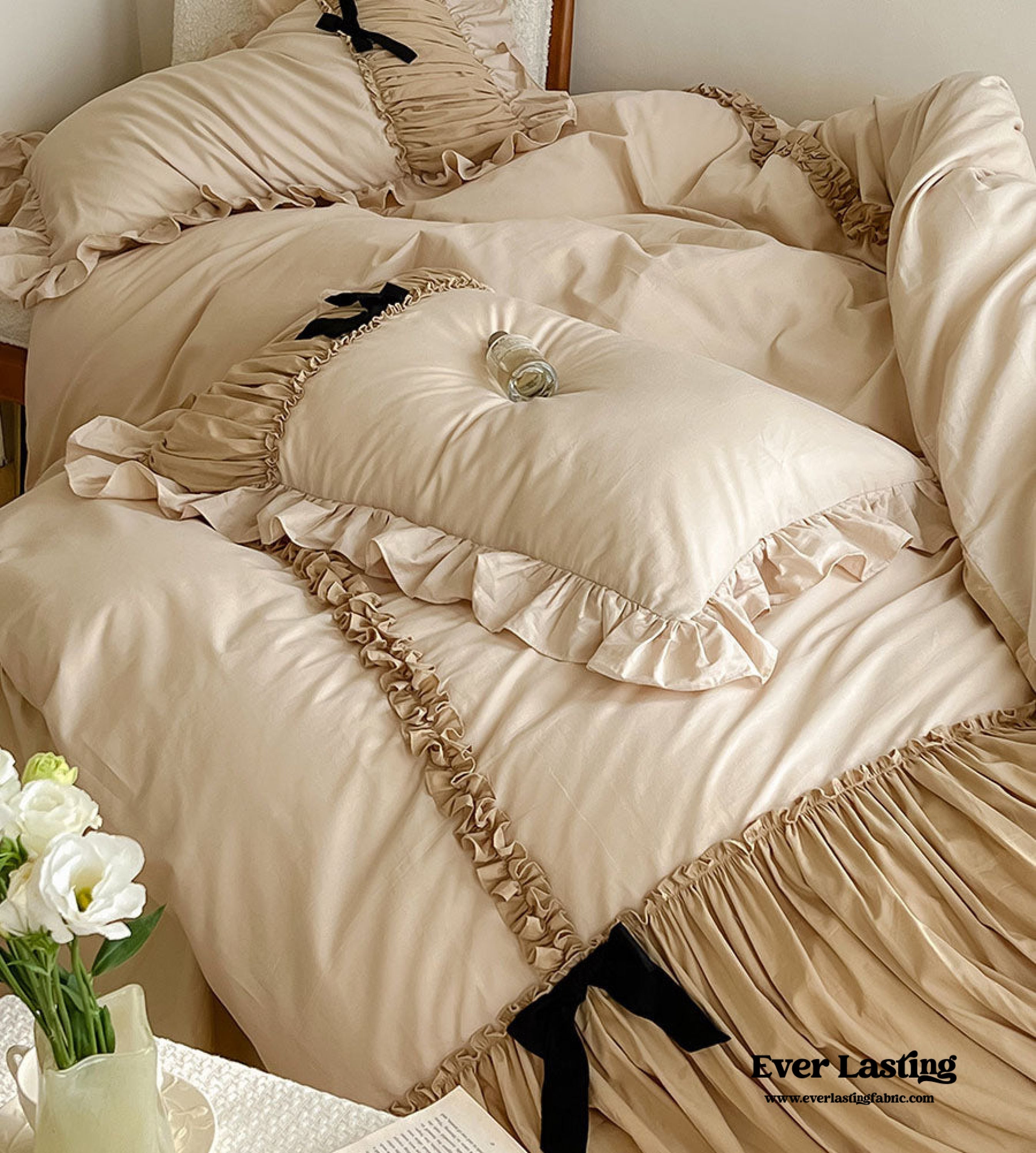 French Beige Ribbon Ruffle Bedding Set